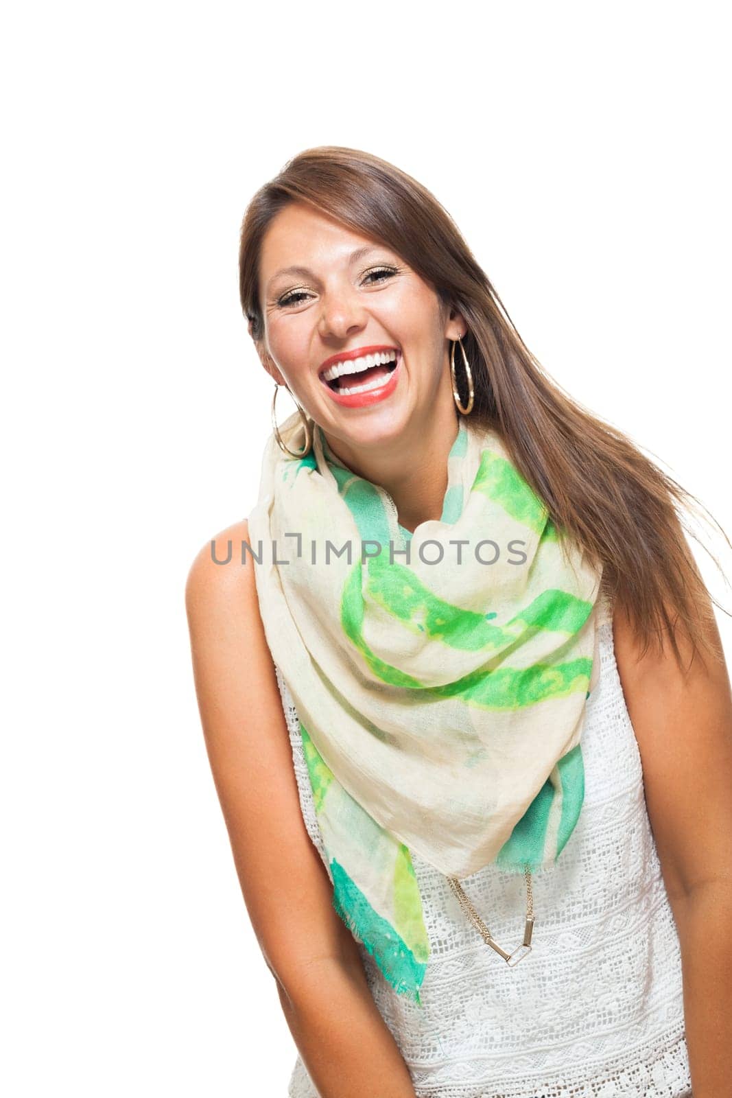 Young pretty woman with open posture joyfully laughing isolated against white background