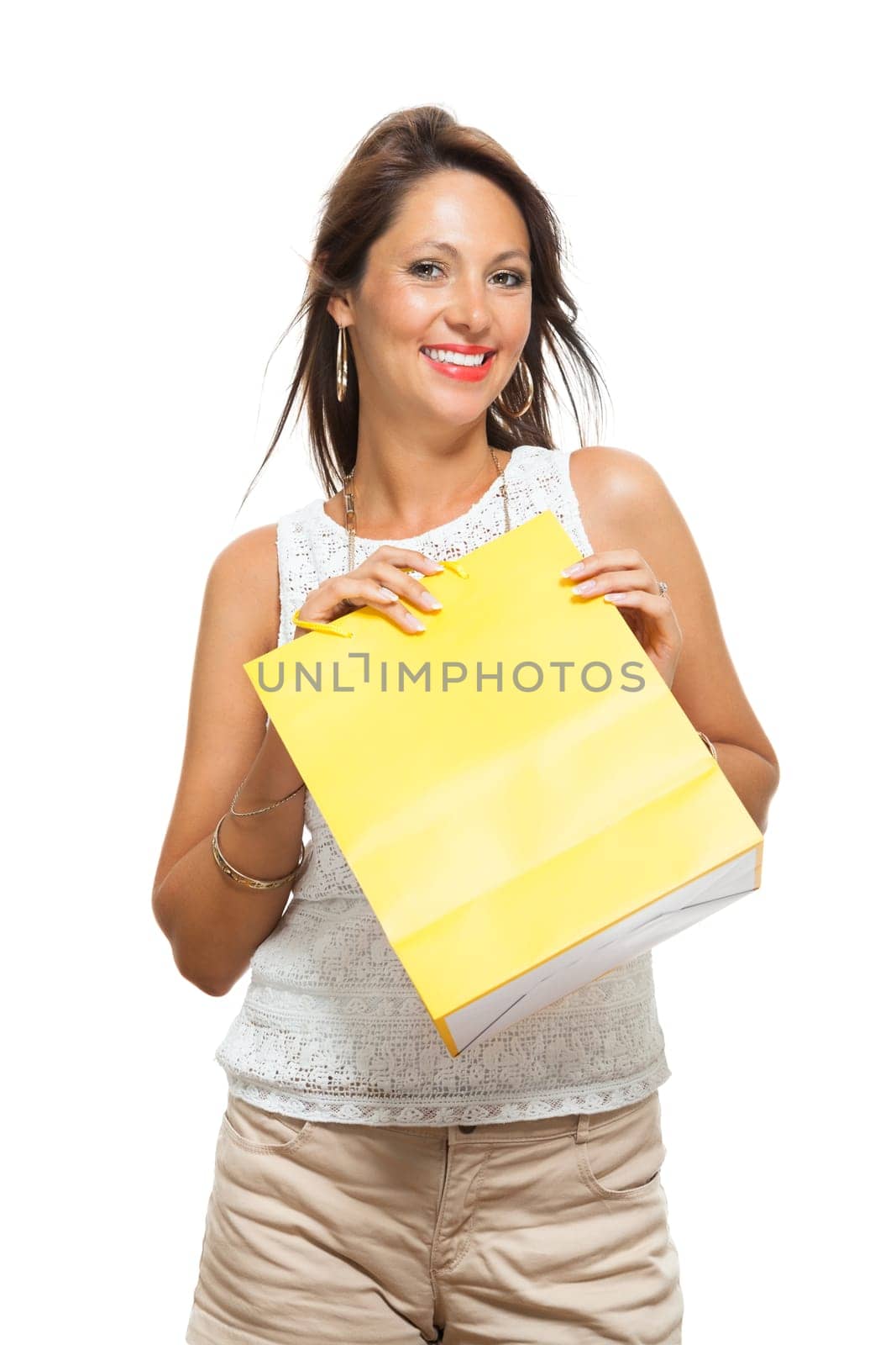 Young stylish woman with colorful shopping bags closing sale sale isolated against white background