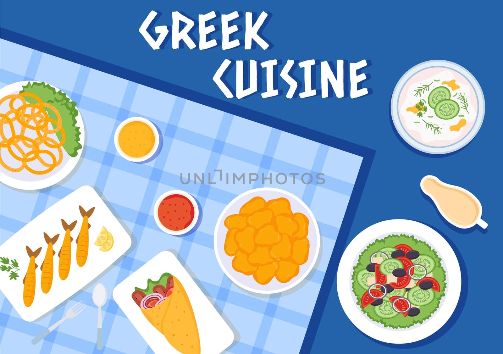 Greek Cuisine Restaurant Set Menu Delicious Dishes Traditional or National Food in Flat Cartoon Hand Drawn Template Illustration