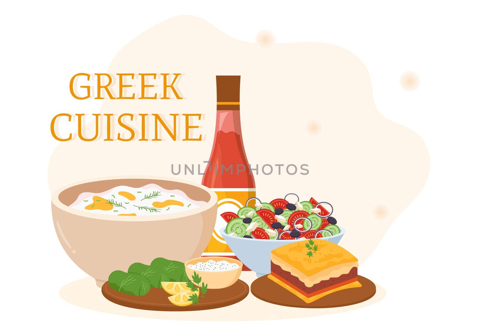 Greek Cuisine Restaurant Set Menu Delicious Dishes Traditional or National Food in Flat Cartoon Hand Drawn Template Illustration