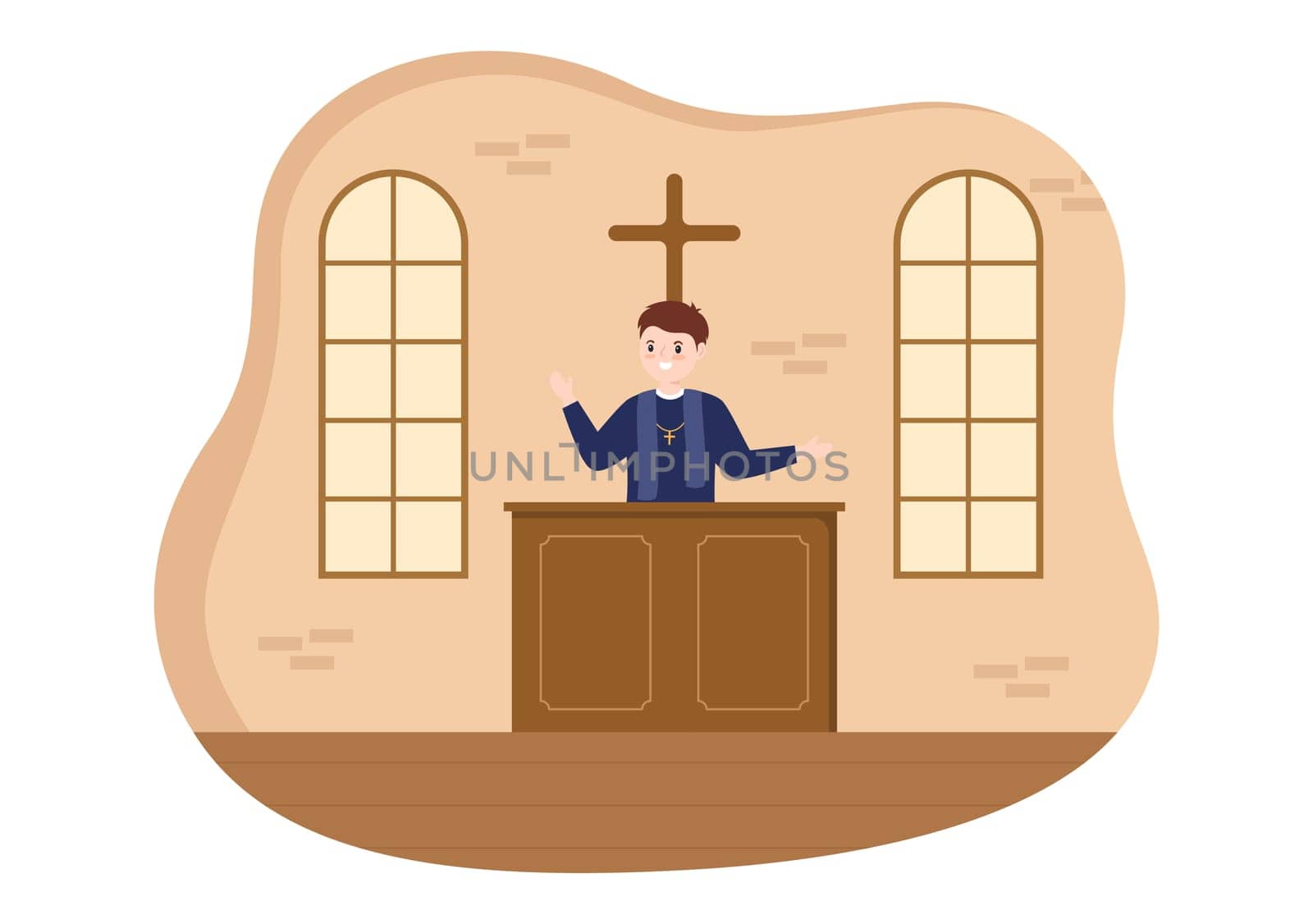 Pastor Giving a Sermon of God in Cassock at a Catholic Church from Pulpit and Baptism in Flat Cartoon Hand Drawn Templates Illustration
