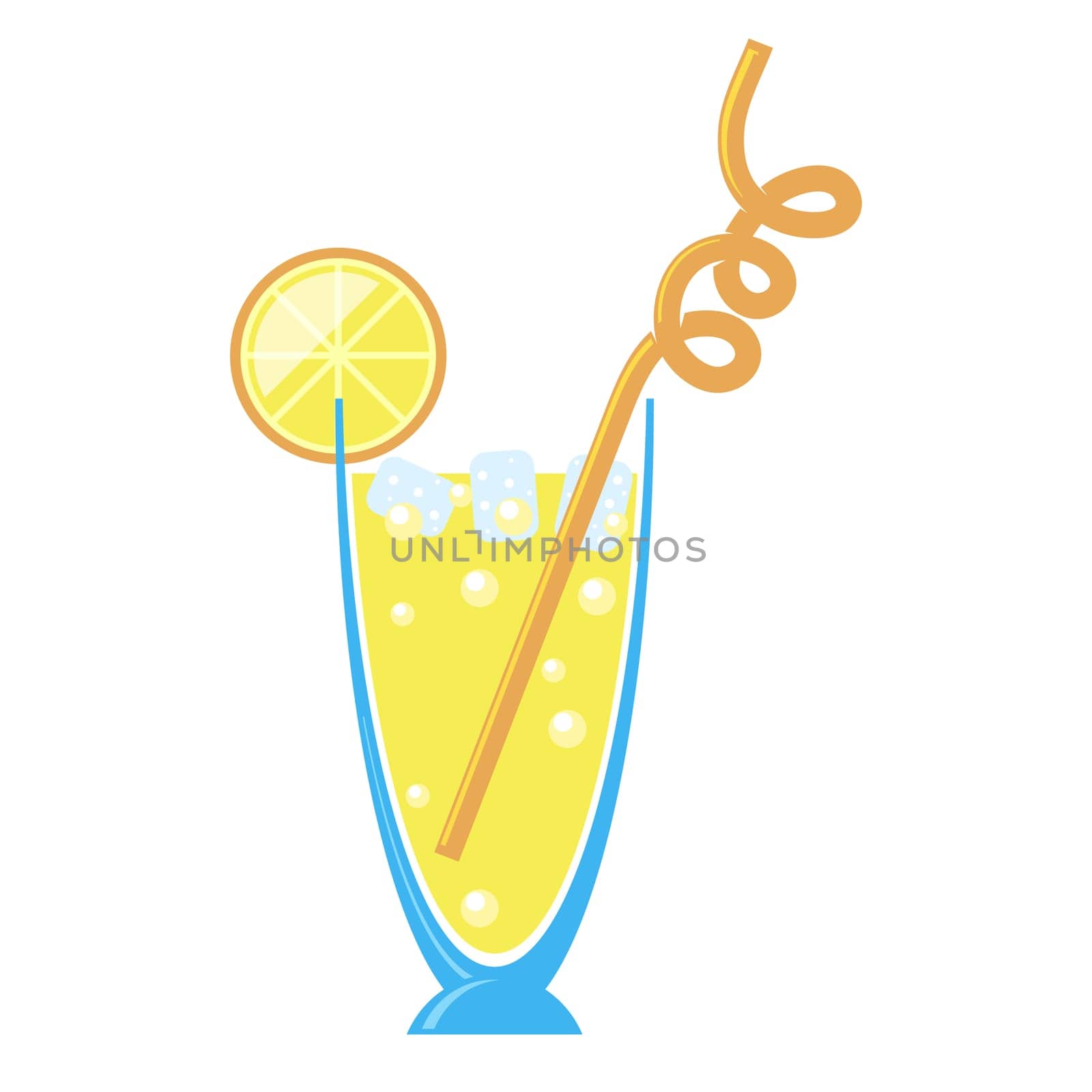 Yellow cocktail with orange slice. An illustration of classical drink with ice in blue glass. Summer cold carbonated alcohol beverage with straw.