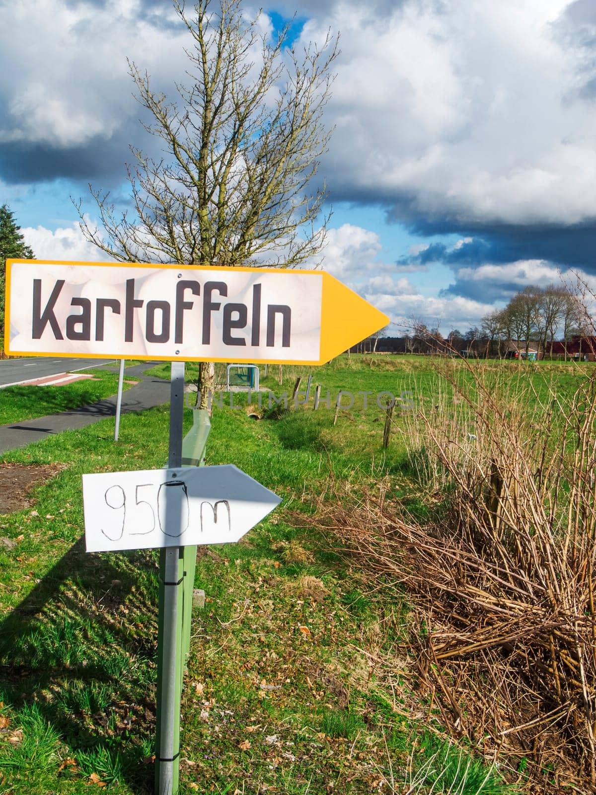 Landscape view with a sign for direct potato sales on a country road in East Friesland with a blue sky and large white clouds.