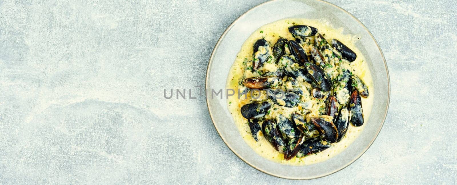 Cooked appetizing mussels in a creamy sauce.Copy space