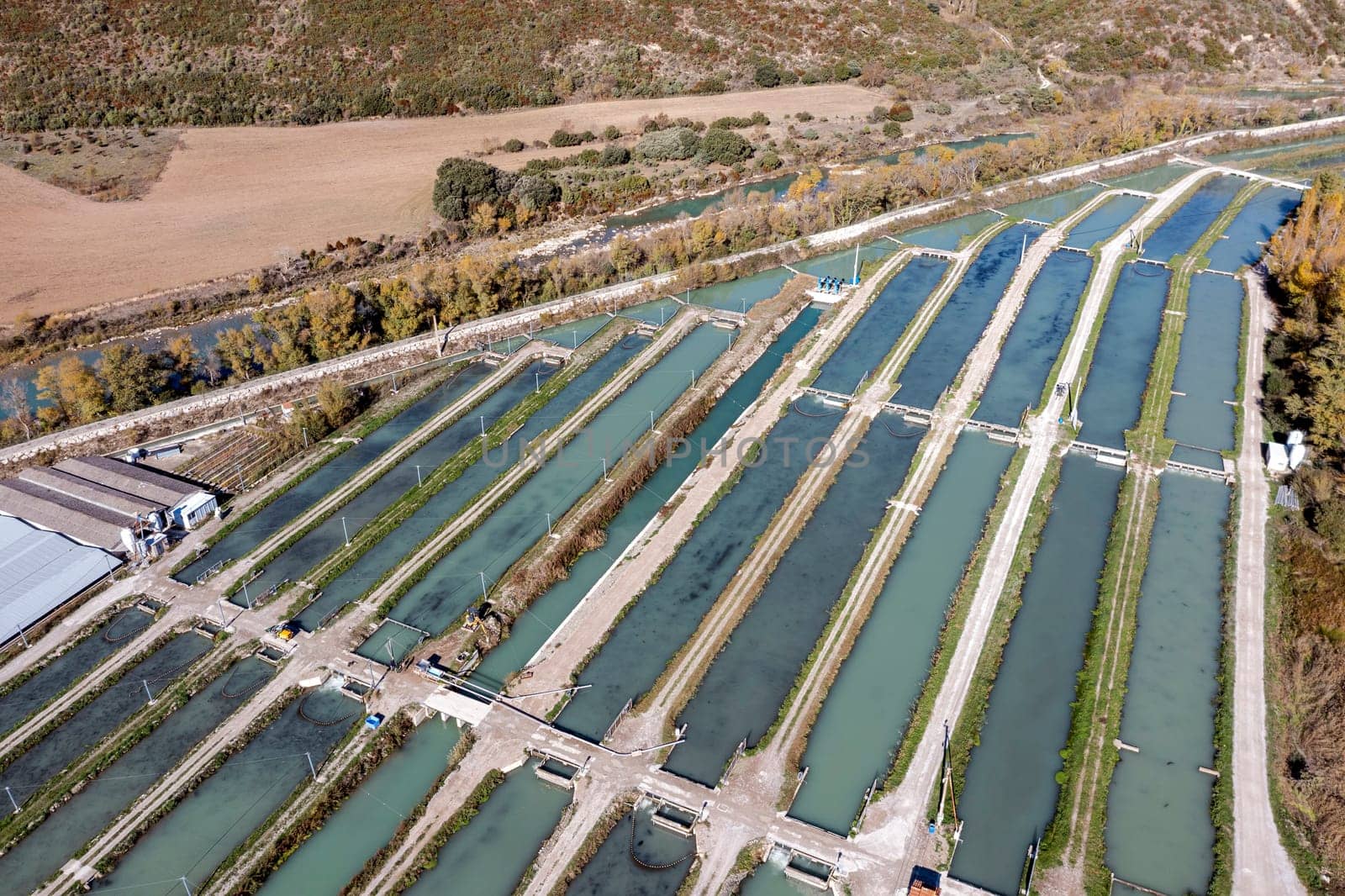 fish farm in the crystal clear, cold and contaminant-free waters of the Aragon river in Yesa Navarra Spain where they raise the sturgeon