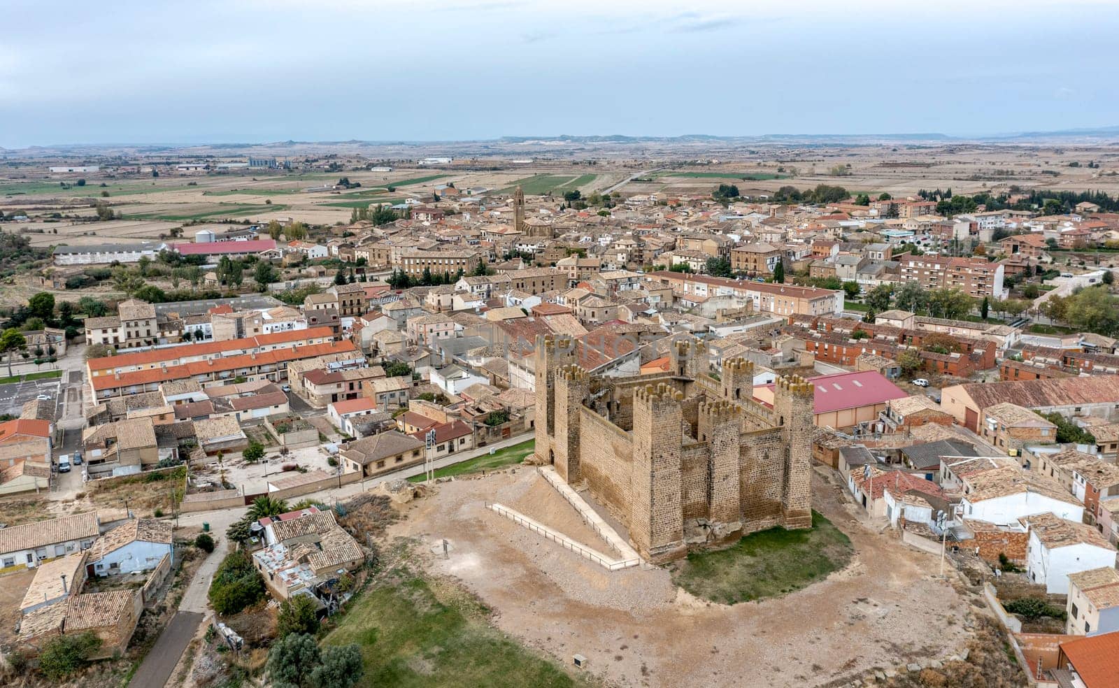 General aerial view of Sabada from the castle on the rock on top of a small hill, in the region of Cinco Villas, Zaragoza, Aragon Spain