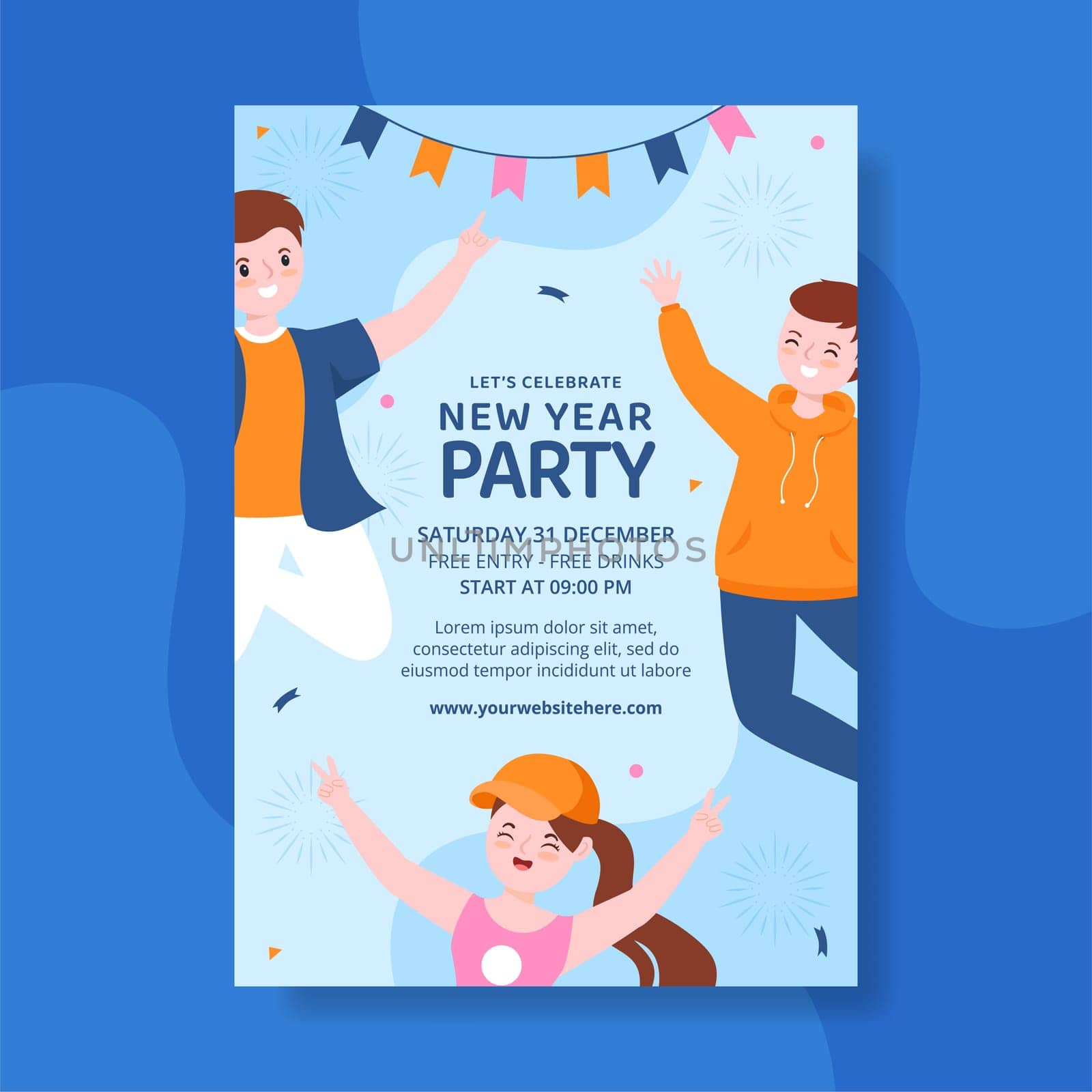 Happy New Year Celebration Invitation Flat Cartoon Hand Drawn Templates Illustration