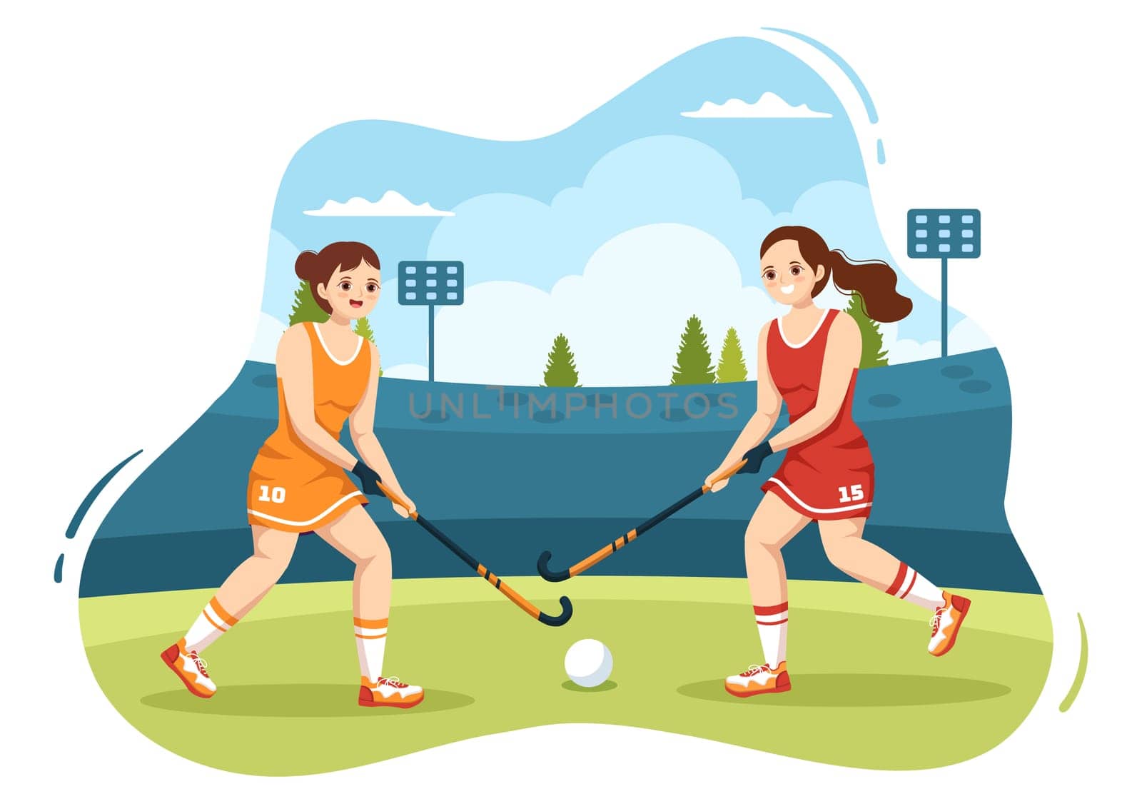 Hockey Player Sport with Helmet, Stick, Puck and Skates on Green Field for Game or Championship in Flat Cartoon Hand Drawn Templates Illustration