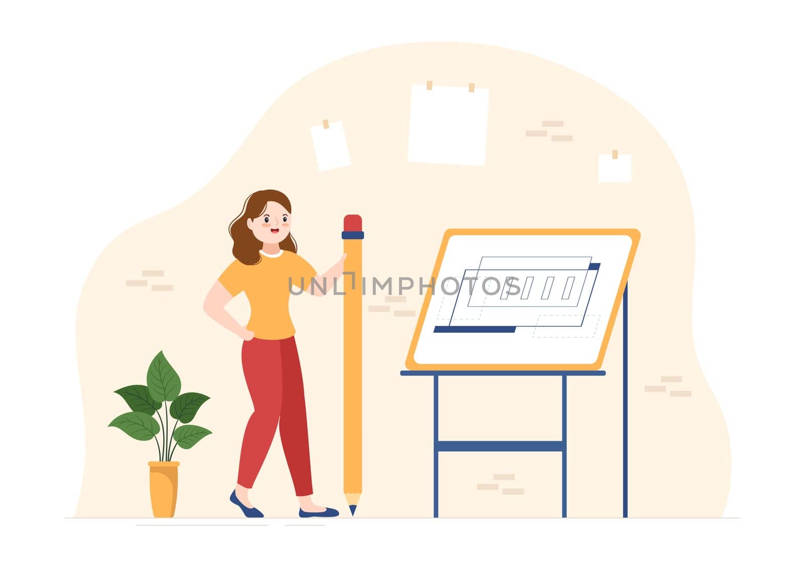 Drafting, Engineer or Architect Working on Drawing Board Projecting and Draft in Flat Cartoon Hand Drawn Templates Illustration