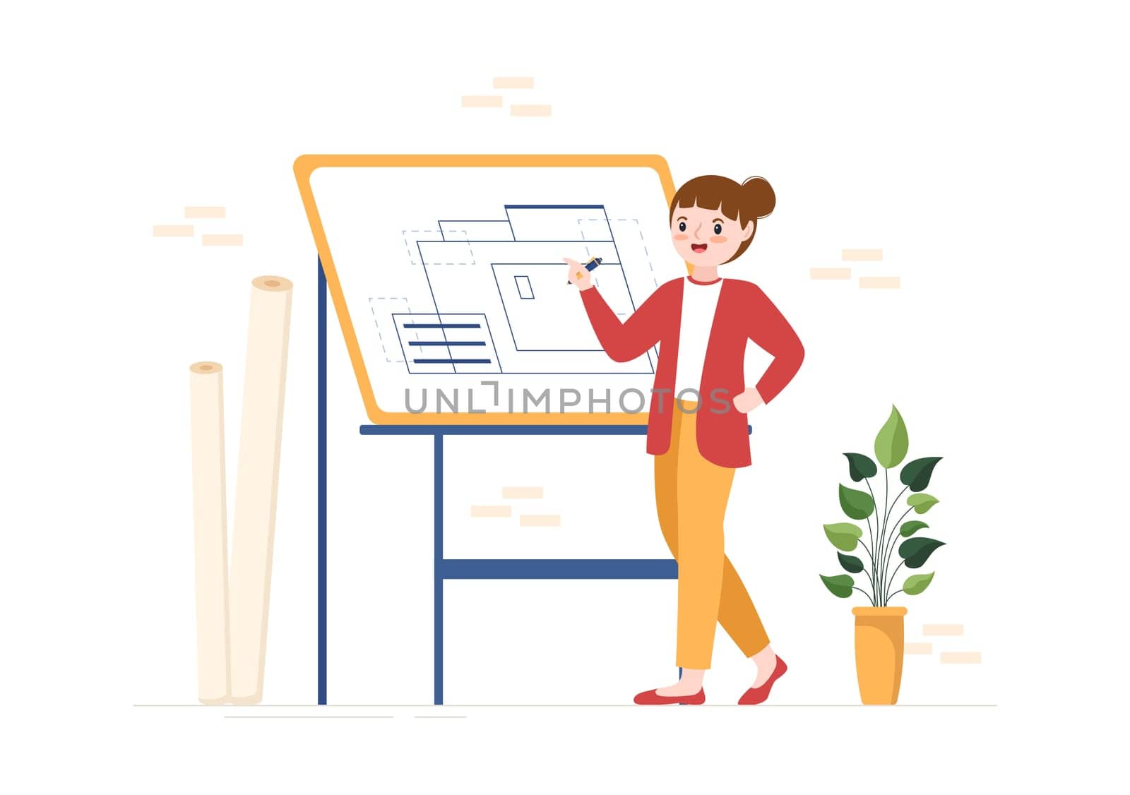 Drafting, Engineer or Architect Working on Drawing Board Projecting and Draft in Flat Cartoon Hand Drawn Templates Illustration