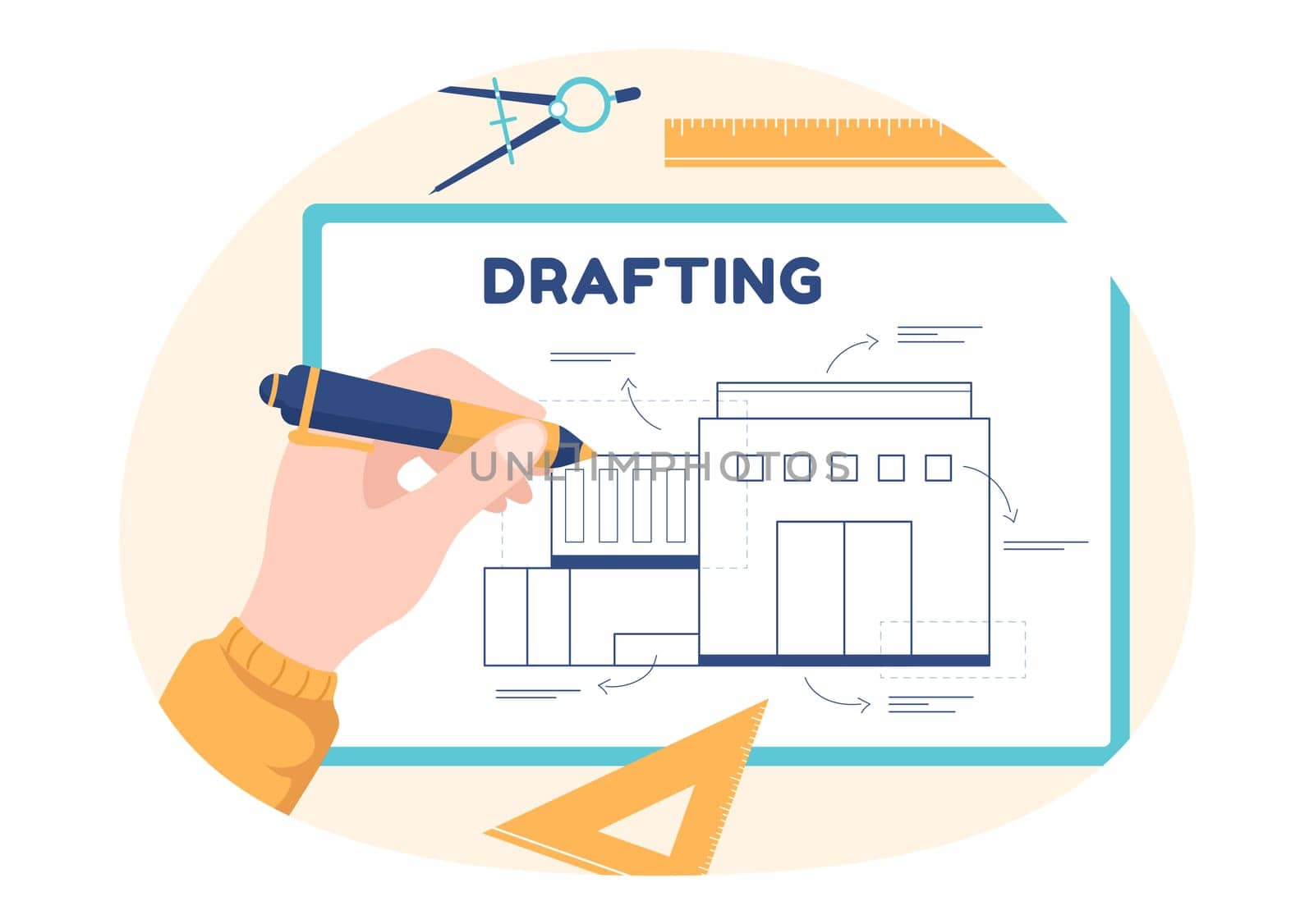 Drafting, Engineer or Architect Working on Drawing Board Projecting and Draft in Flat Cartoon Hand Drawn Templates Illustration