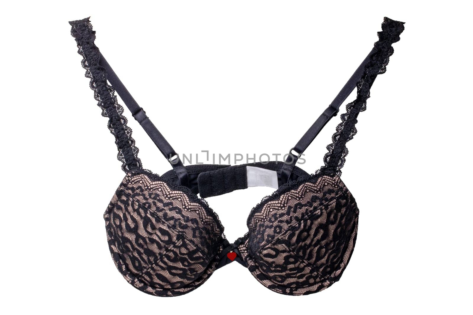 Bra isolated. Closeup of beautiful female stylish black and pink bra  with laces and straps isolated on a white background. Fashionable women underwear.