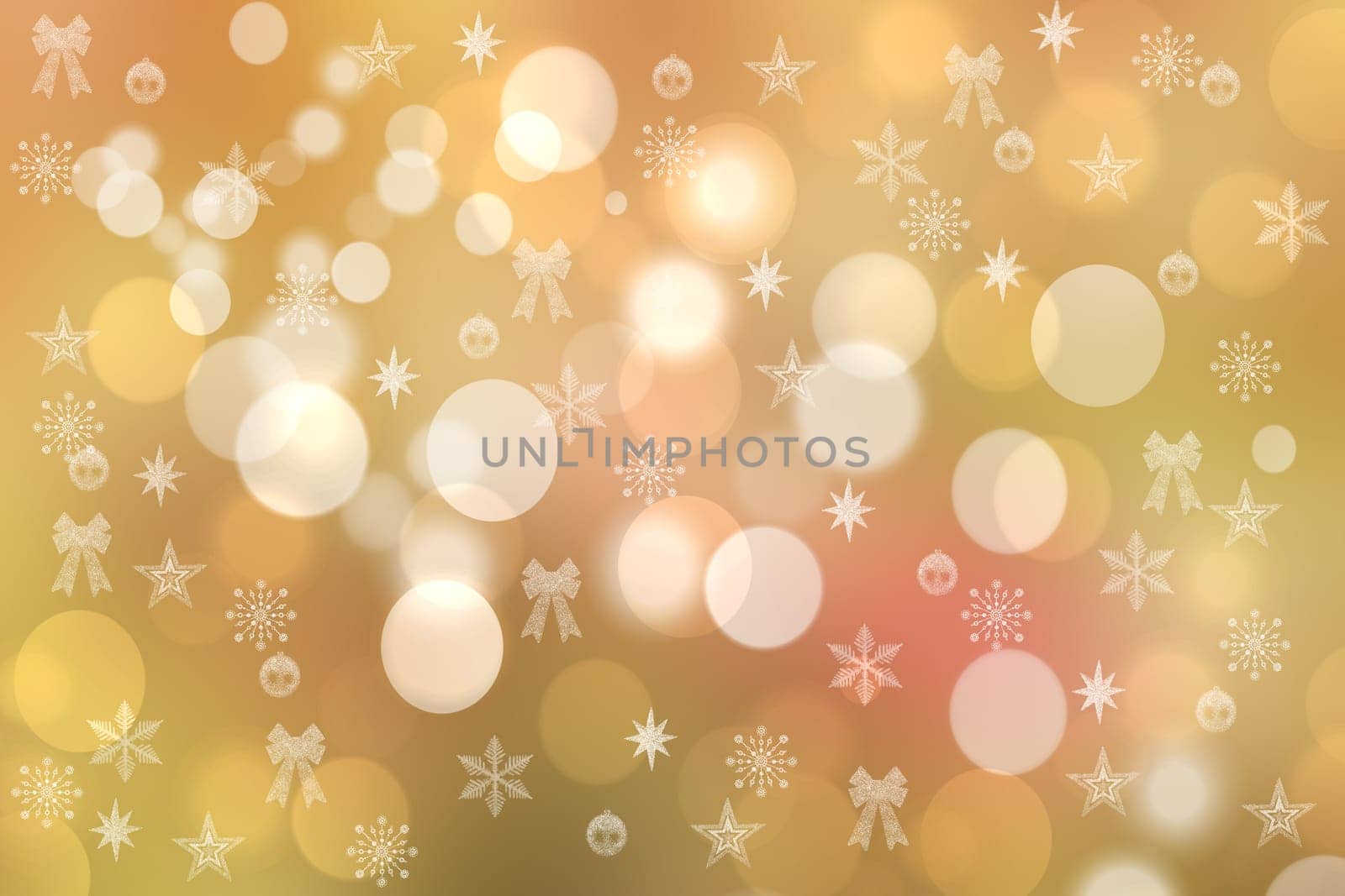 A festive abstract delicate Happy New Year or Christmas background texture with colorful gold yellow pink blurred bokeh lights and stars. Space for design. Card concept or advertising.