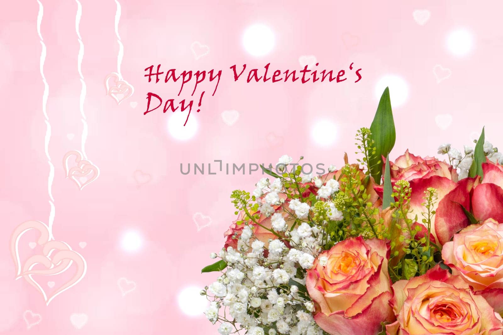 Happy Valentines Day greeting card or banner. Decorative bouquet of roses flowers over abstract light pink hearts background with Valentine text. Theme love.