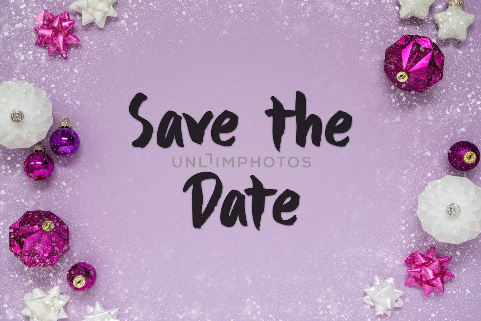Christmas Card With English Text Save The Date. Purple Christmas Background With Romantic And Brilliant Decoration Like Balls And Snowflakes