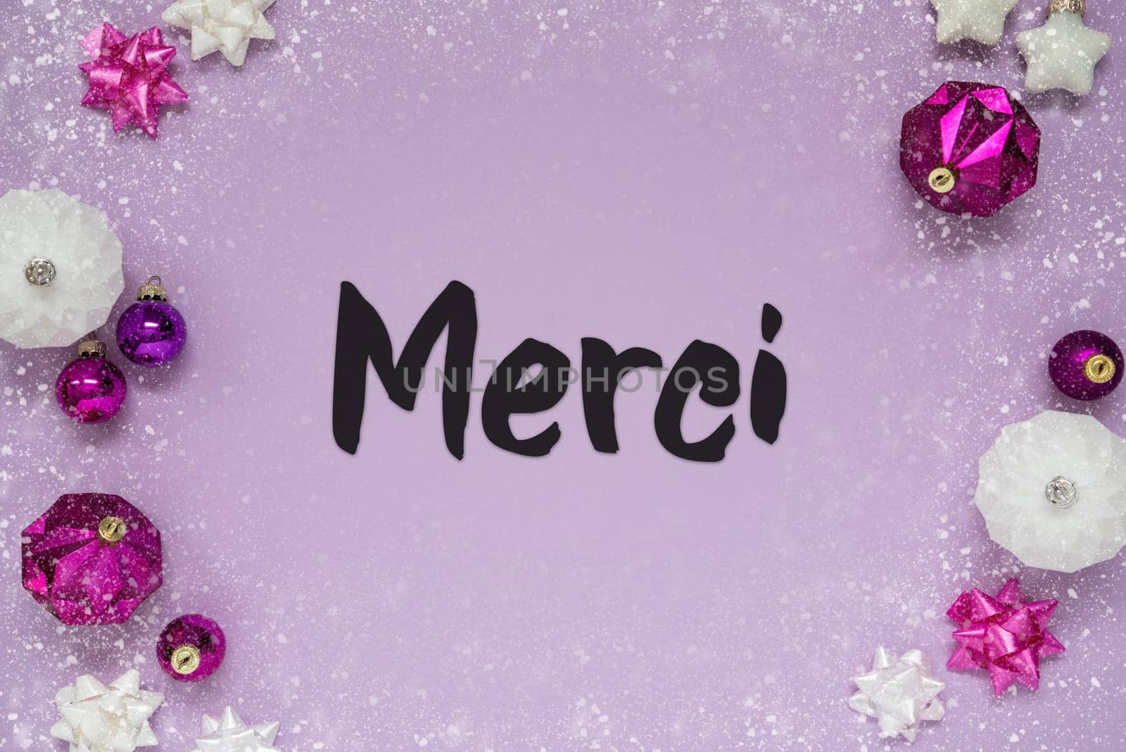 Christmas Card With French Text Merci Means Thank You. Purple Christmas Background With Romantic And Brilliant Decoration Like Balls And Snowflakes