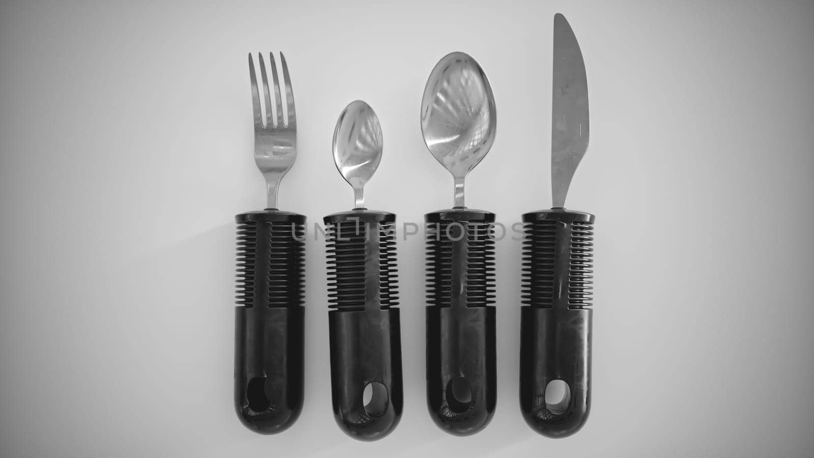 Ergonomic cutlery for the elderly, with arthritis, Parkinson's, apoplexy and the disabled -- 3D Rendering
