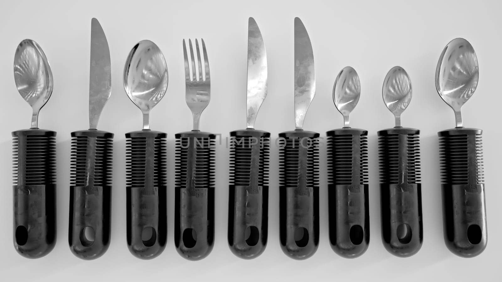 Ergonomic cutlery for the elderly, with arthritis, Parkinson's, apoplexy and the disabled -- 3D Rendering