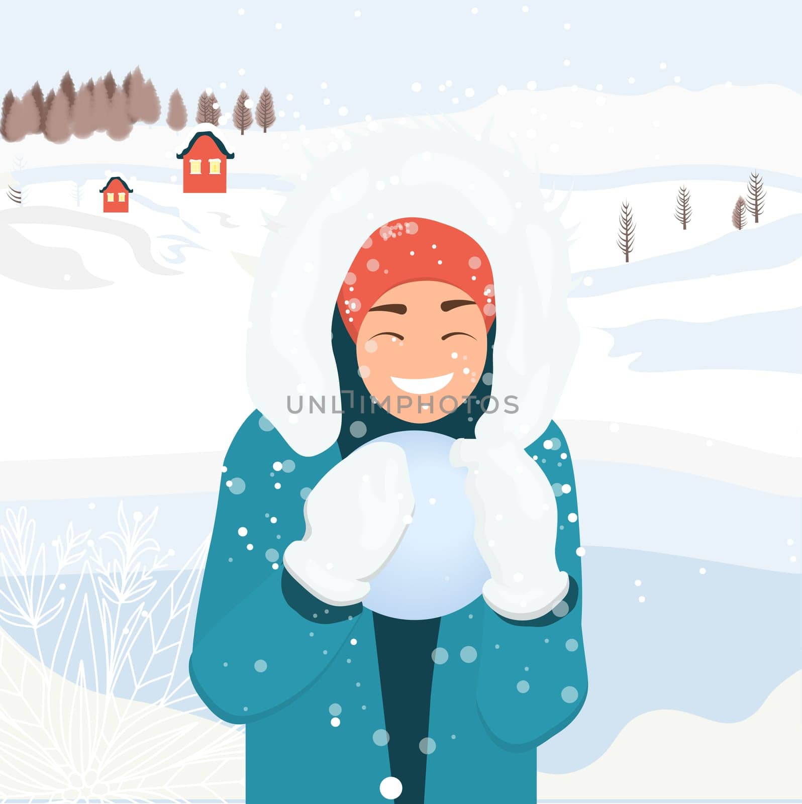 people spend time on the street in winter. Winter entertainment. A woman in a blue overall with a snowball