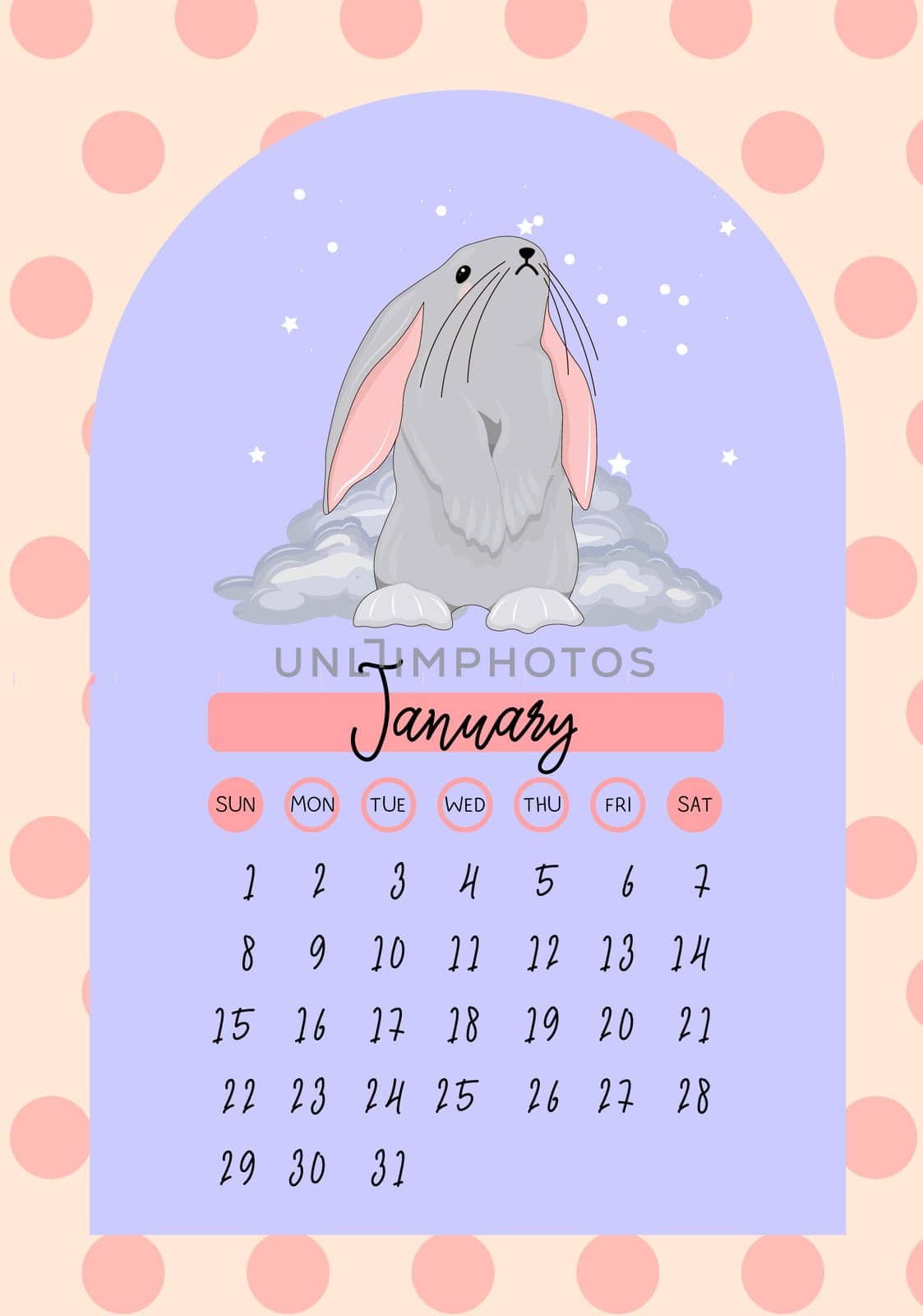 calendar for 2023 Year of the Rabbit. Vector calendar template vertical A4 format