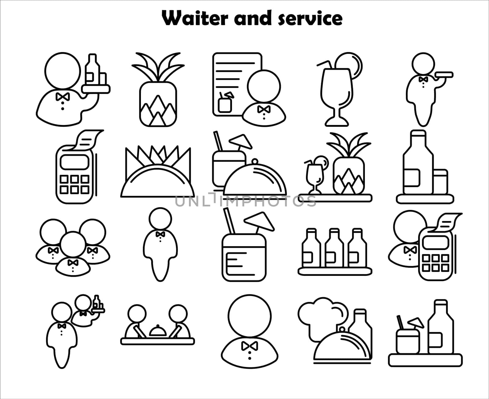 Restaurant Line Icons on a white background. Waiter and service.