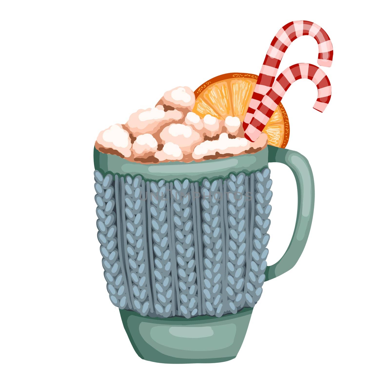 Ceramic cup with hot chocolate, cream and marshmallows. Cinnamon stick, and cinnamon. Winter cappuccino. Latte in a cute cup.