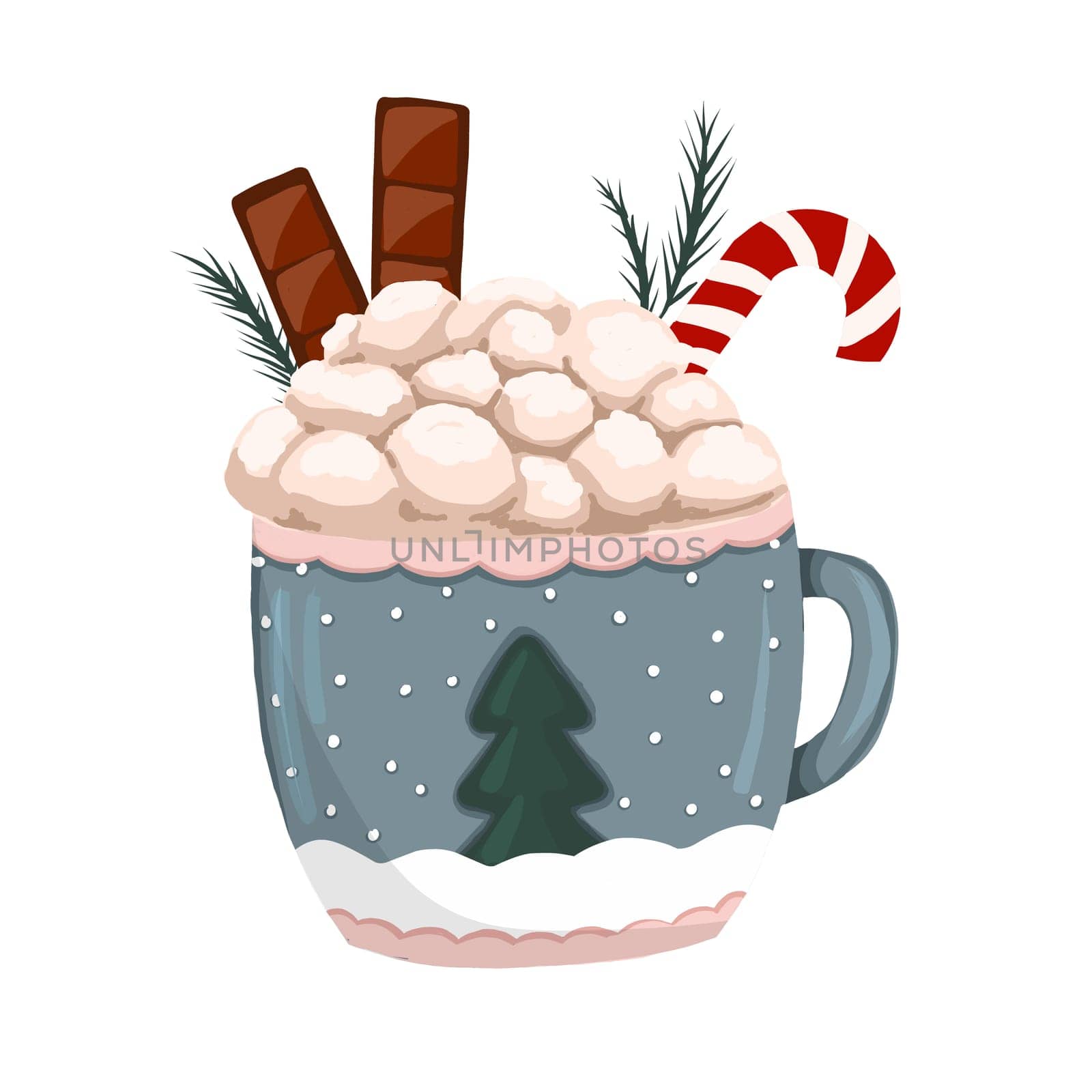 Ceramic cup with hot chocolate, cream and marshmallows. Cinnamon stick, and cinnamon. Winter cappuccino. Latte in a cute cup.