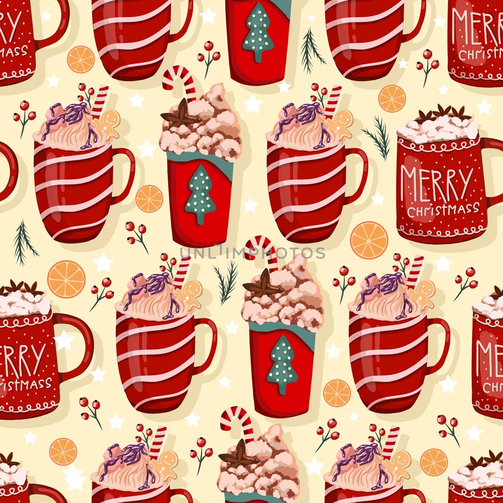 Wrapping paper with Christmas cups. Hot winter drink with marshmallows and cream. Cozy seamless pattern in hygge style. Christmas ornament.