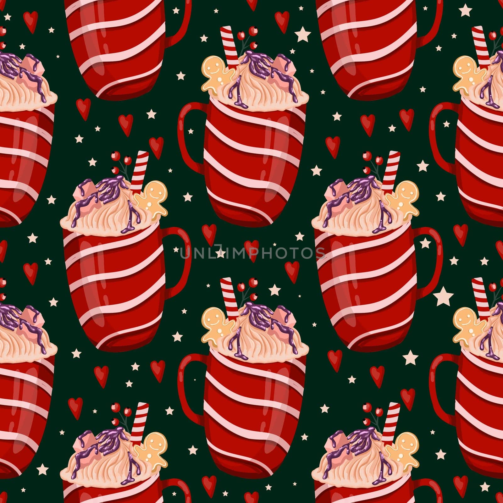 Wrapping paper with Christmas cups. Hot winter drink with marshmallows and cream. Cozy seamless pattern in hygge style. Christmas ornament.