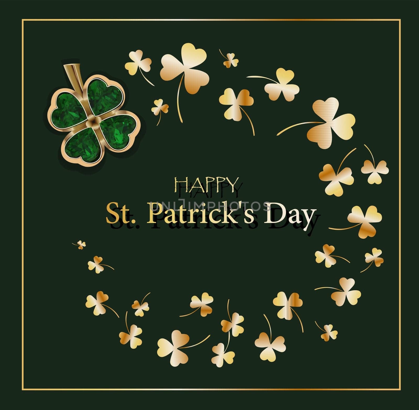 CLOVER SHEET on a green background. JEWELERY. Golden clover. Chic postcard for Saint Patricks Day