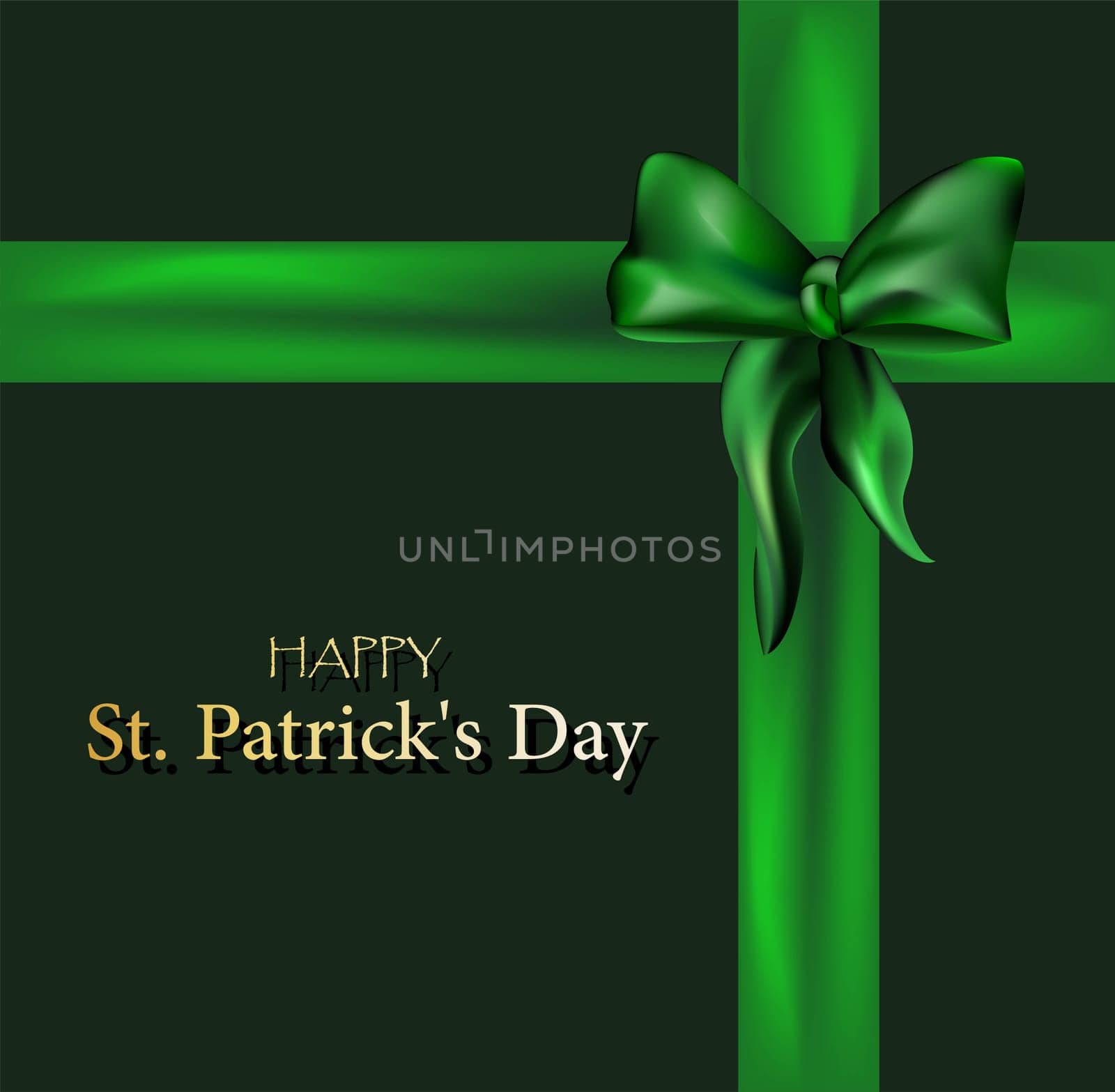 Saint Patricks Day. Greeting card or flyer. Place for text insertion. Dark green background. Bright satin ribbon and bow.