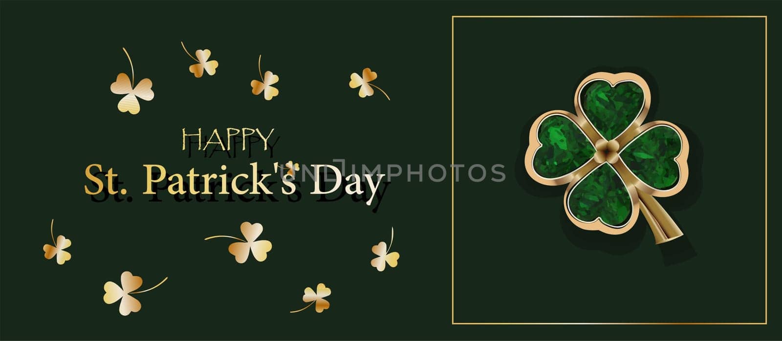 CLOVER SHEET on a green background. JEWELERY. Golden clover. Chic postcard for Saint Patricks Day. Horizontal format.