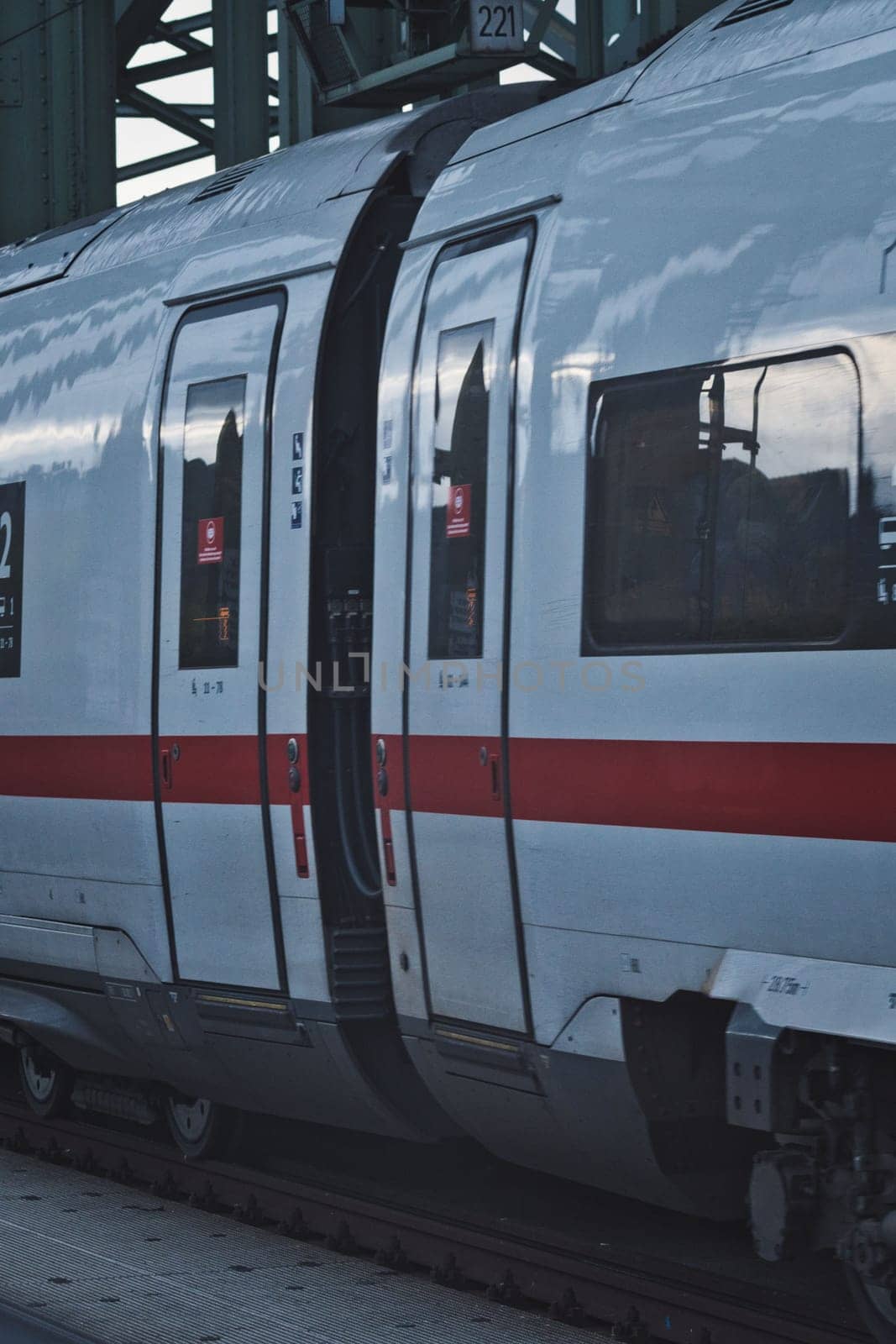 Closeup of the wagon and the door of a German express train in Cologne, Germany