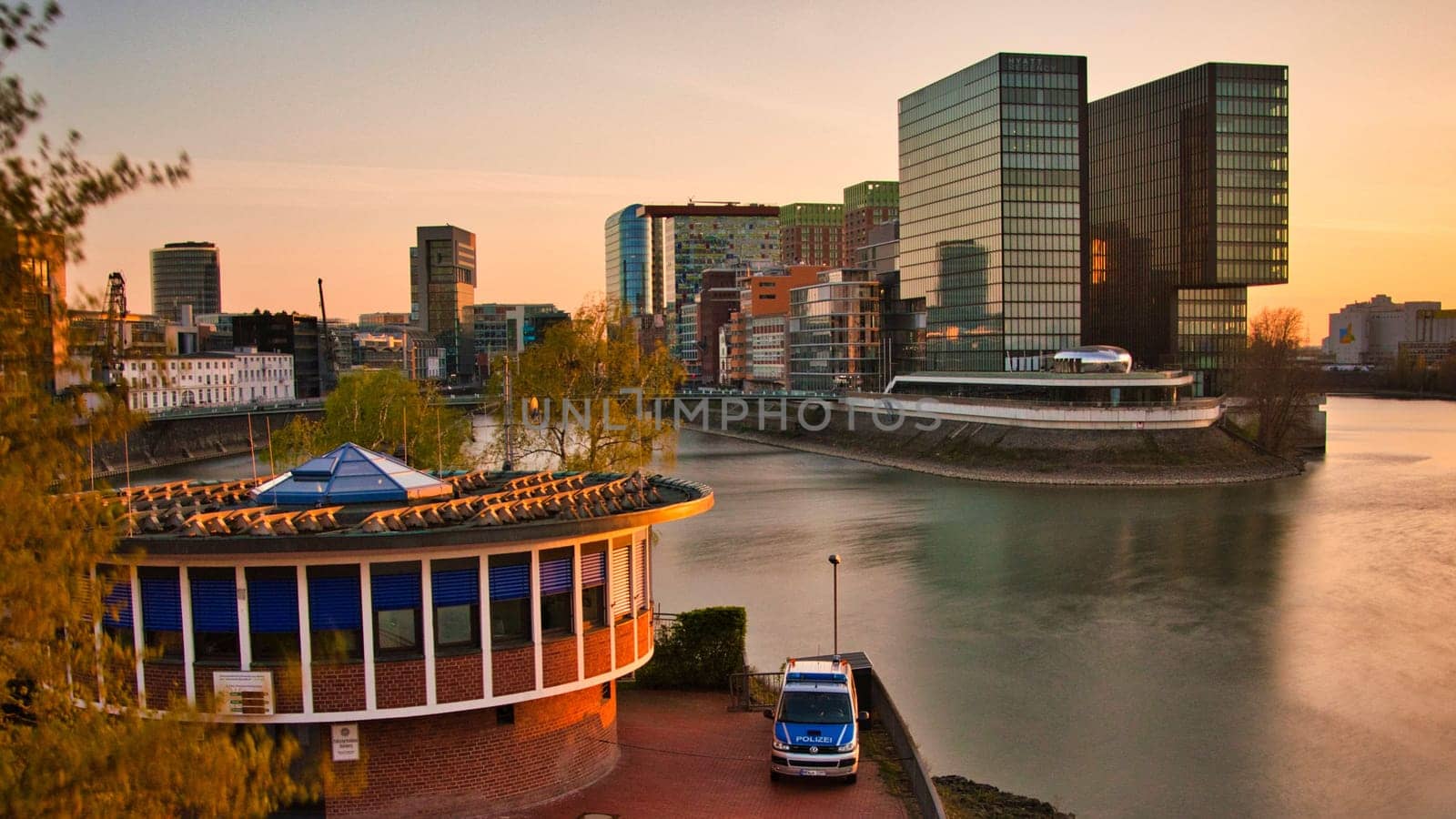 Police station at Duesseldorf Media Harbor and view into the inner harbor in Duesseldorf, Germany