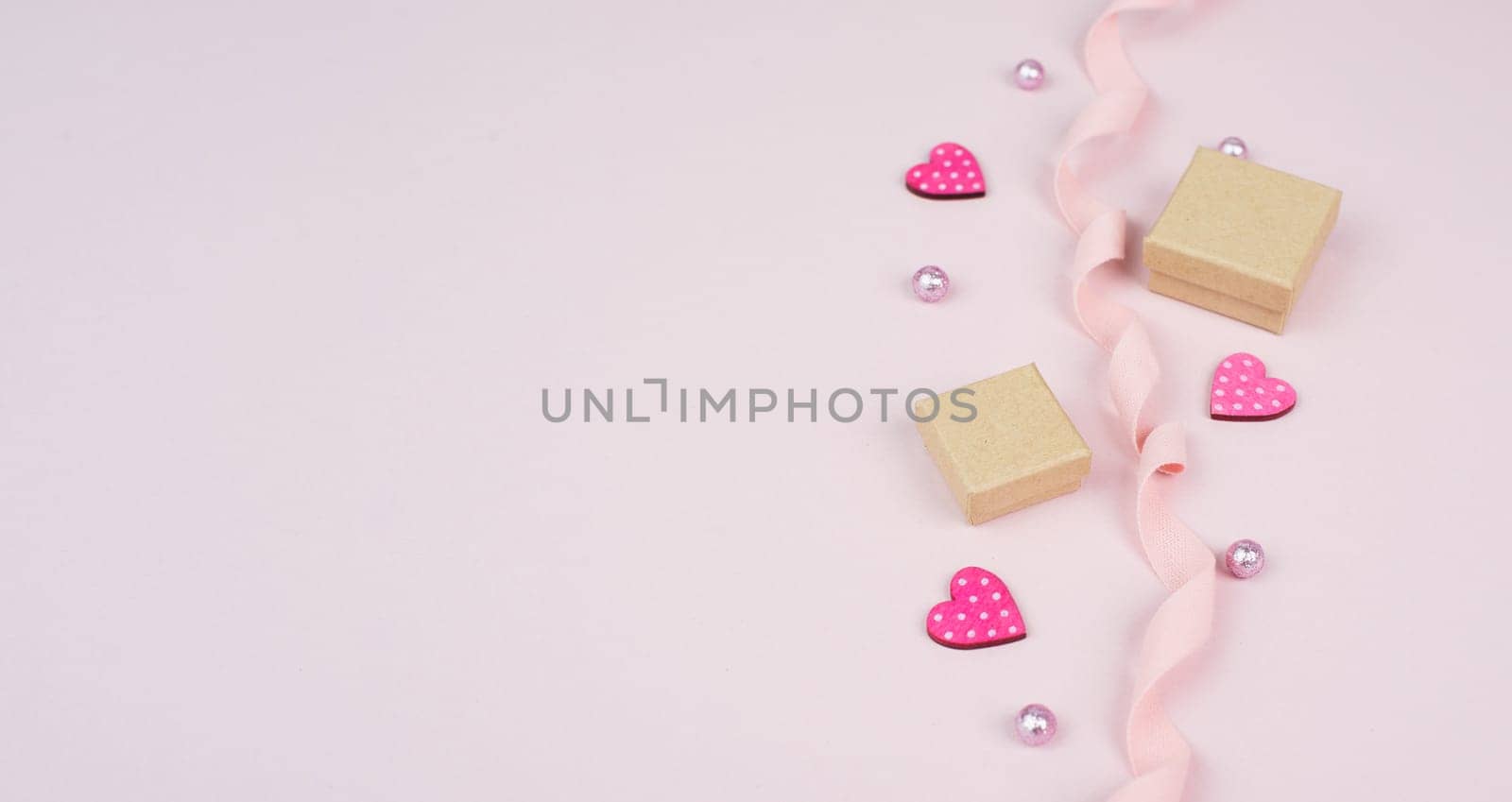 Valentines day holiday greeting cars with little gift boxes, hearts and perls, love and emotion, pastel colored