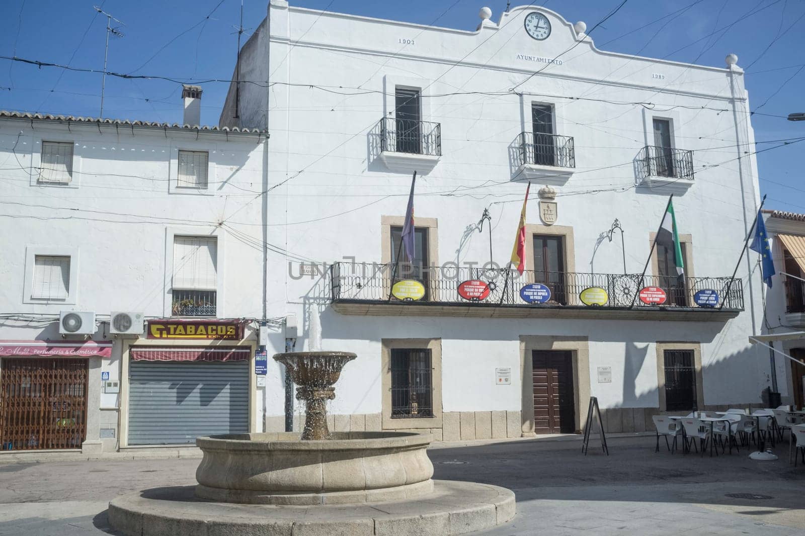 Malpartida de Caceres, Spain - Sept 18th, 2019: Town hall Square, Malpartida de Caceres, Spain