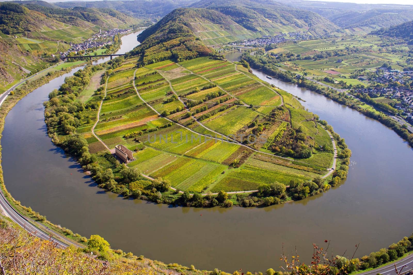 View of a riverbend of the Moselle River in the Eifel village of Bremm in Germany in summer. Seen from the Calmont vineyards with blue sky.