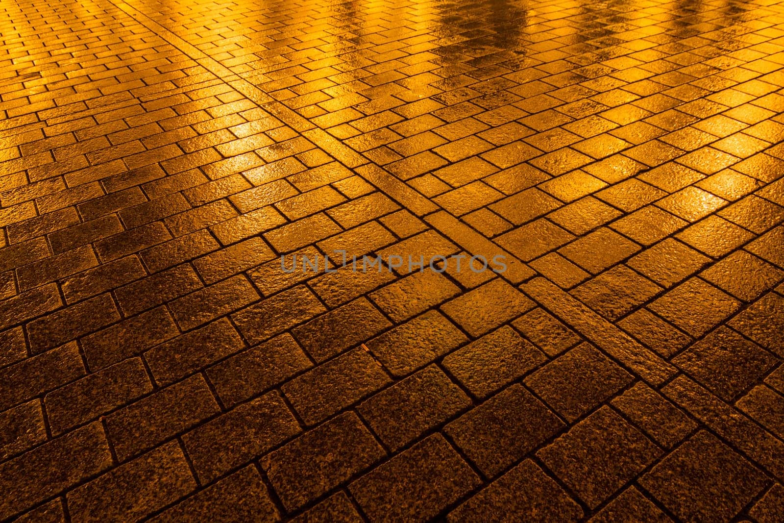 A wet cobblestone pavement in Berlin, Germany.