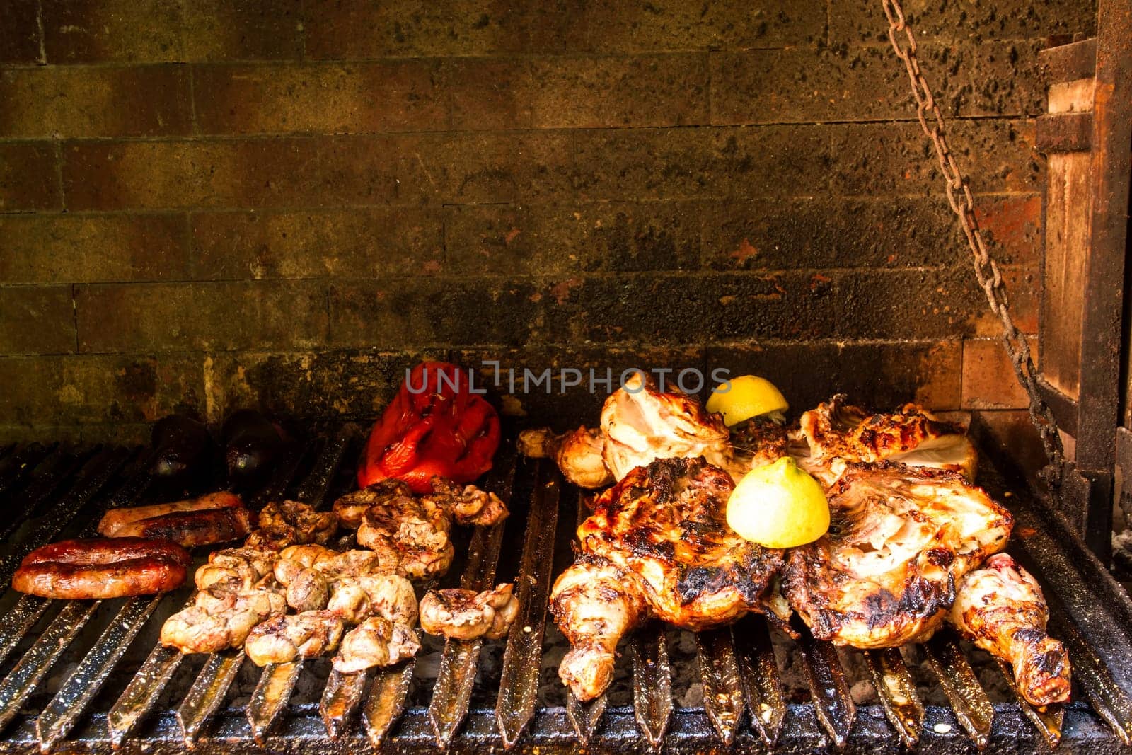 Delicious Barbecue, chicken, sweetbread, sausages.