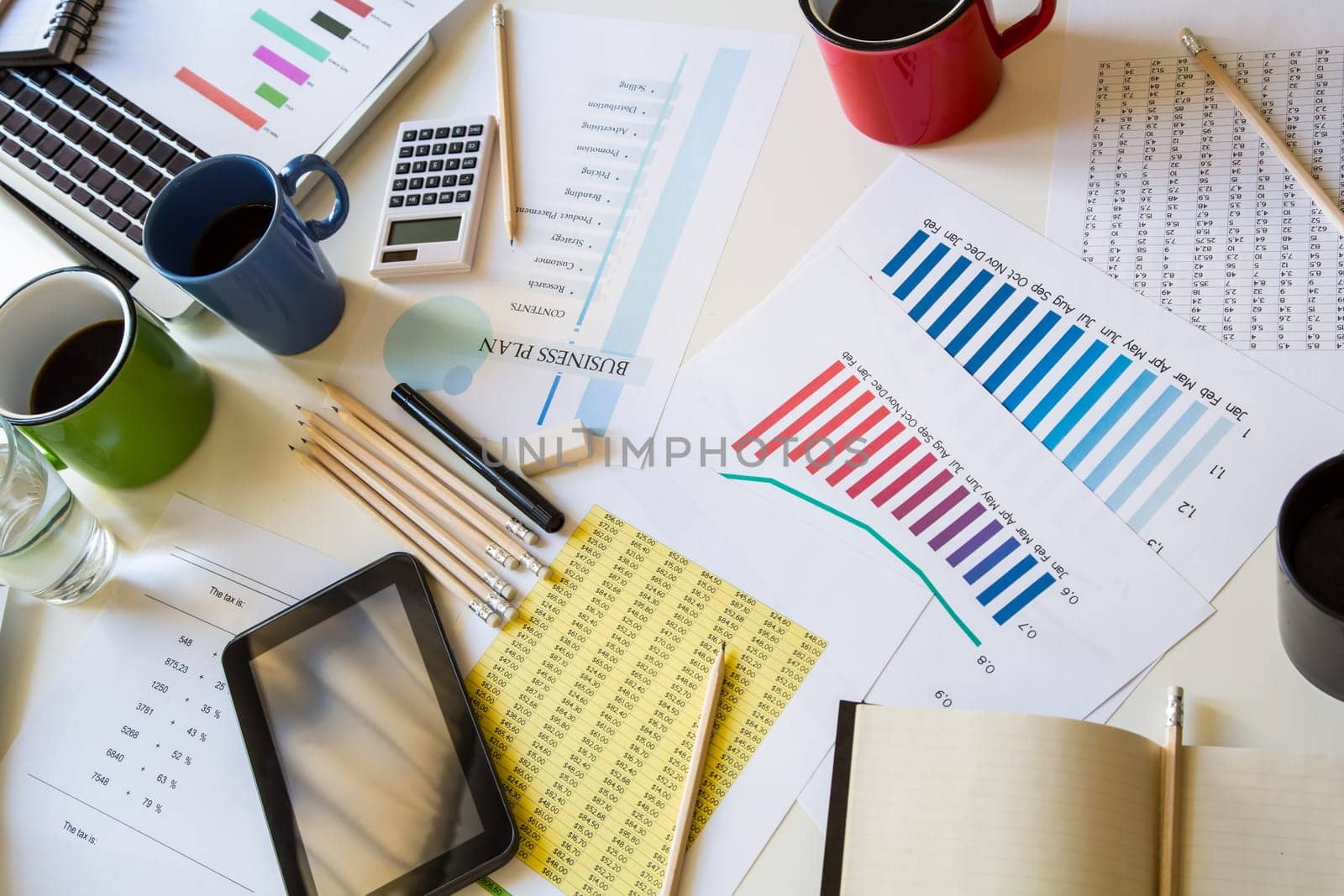 Business meeting, analyzing graphs, statistics and Business Plan