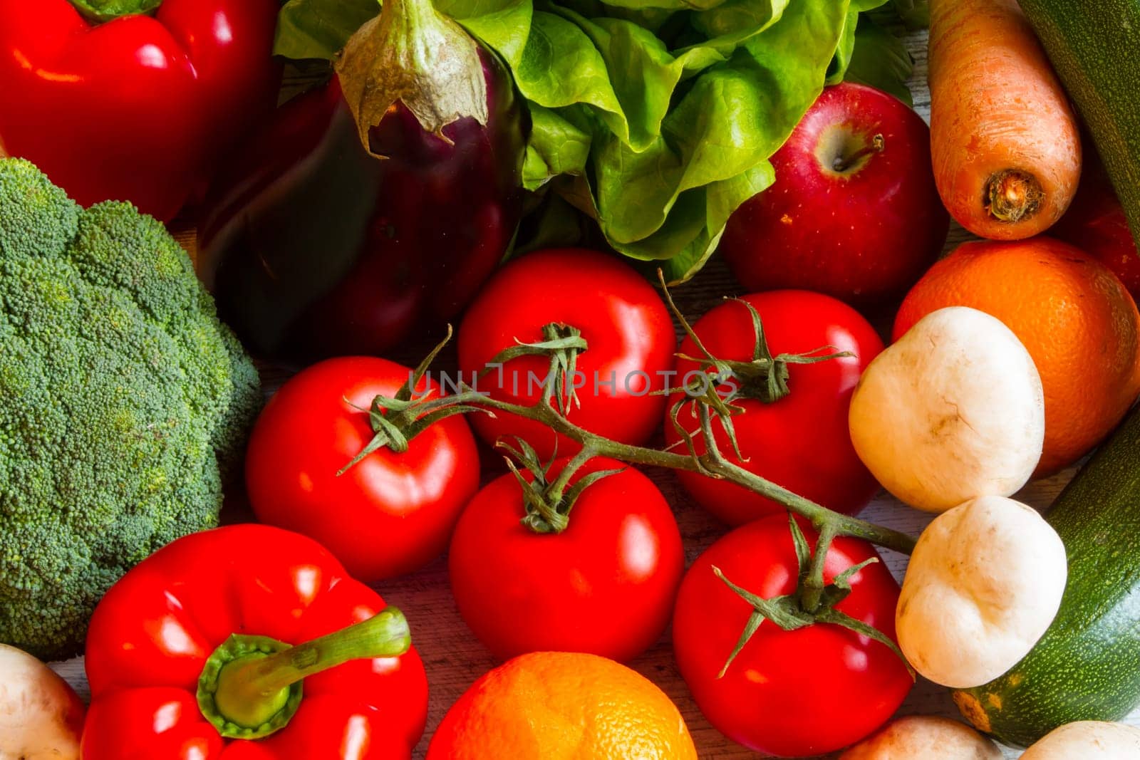 Vegetables and fruits background, close up.