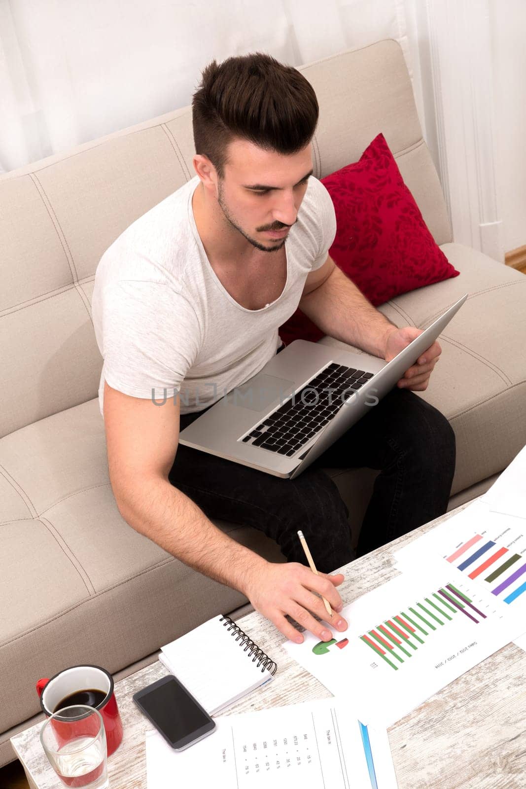 Businessman working at home in the laptop.