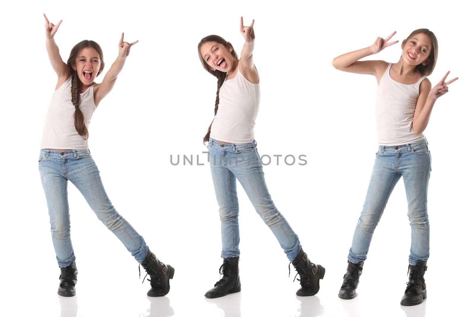 Collage of a lovely young girl doing positive signs. Isolated on white