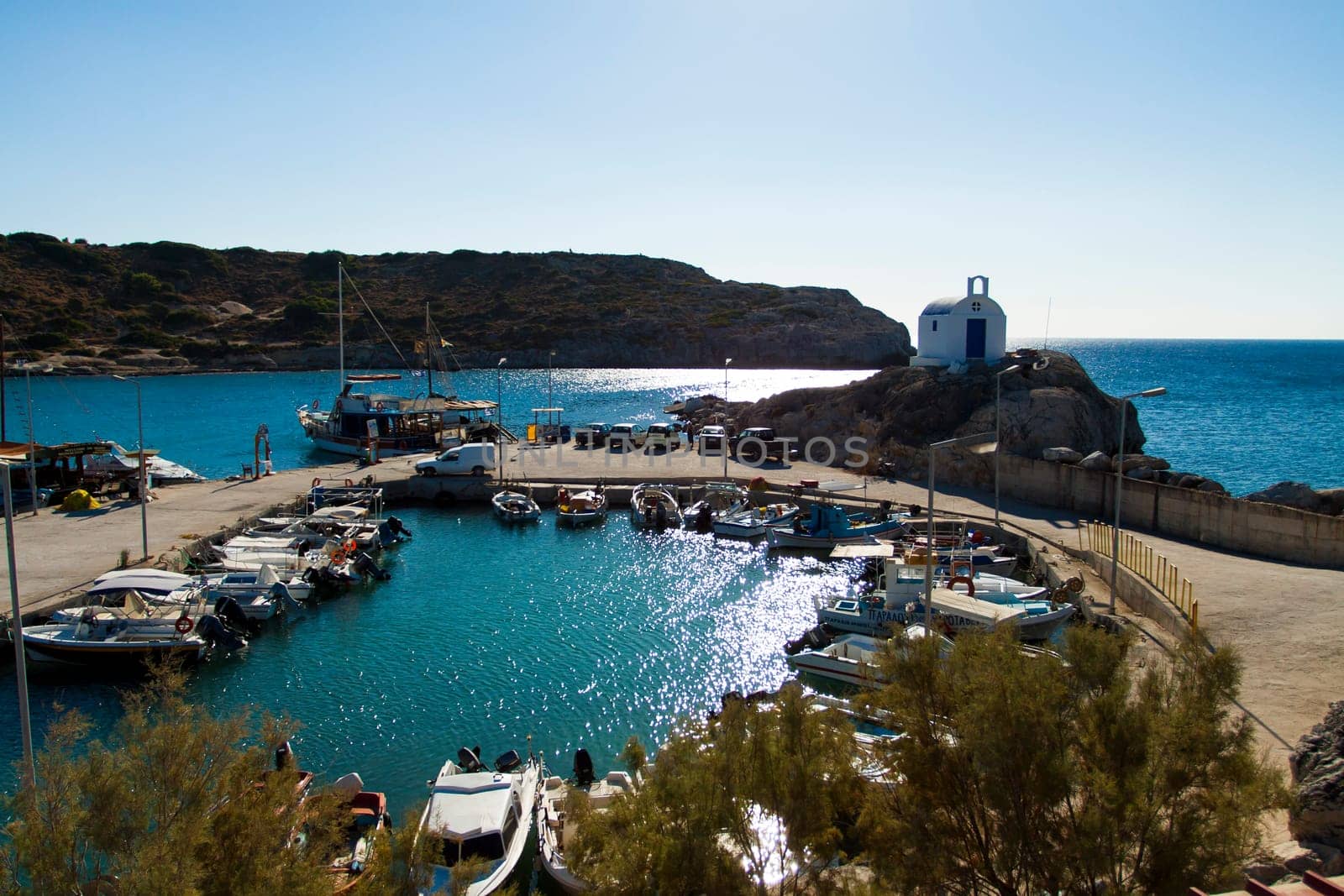Panoramic view of the pier Kolimbia with church in the background