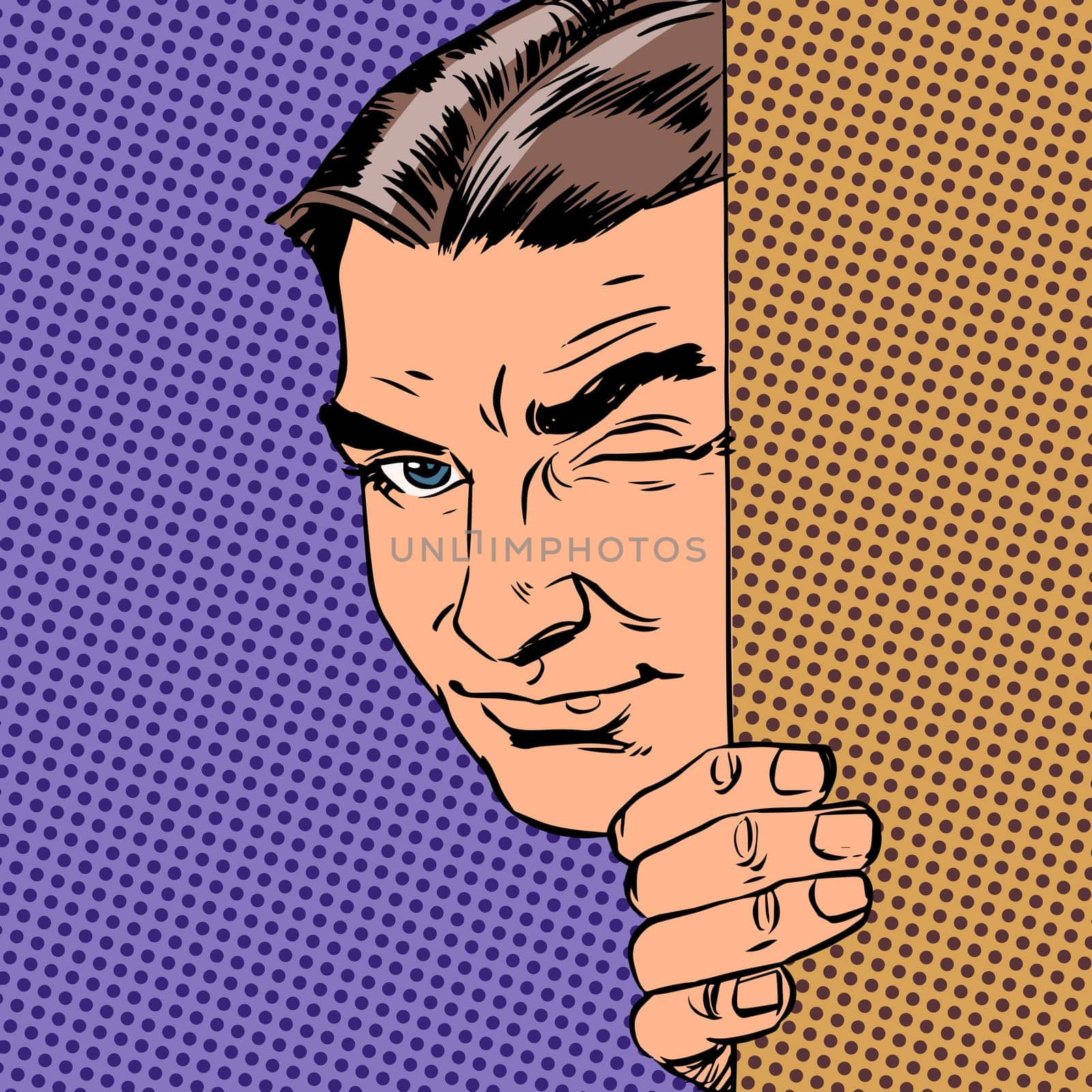 Man spy keeps peeking out from behind the wall Halftone style pop art retro vintage