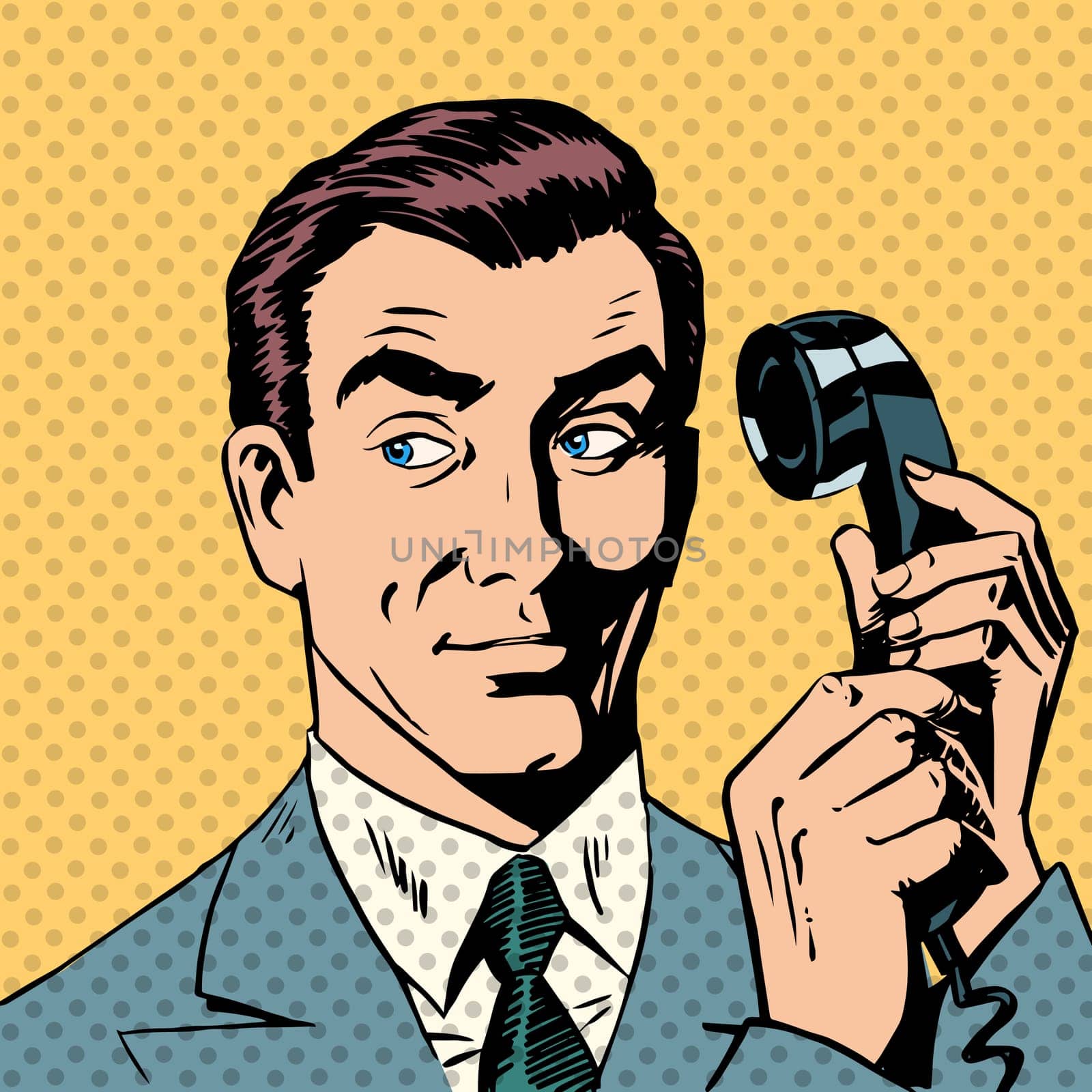 Male businessman talking on the phone Halftone style pop art retro vintage