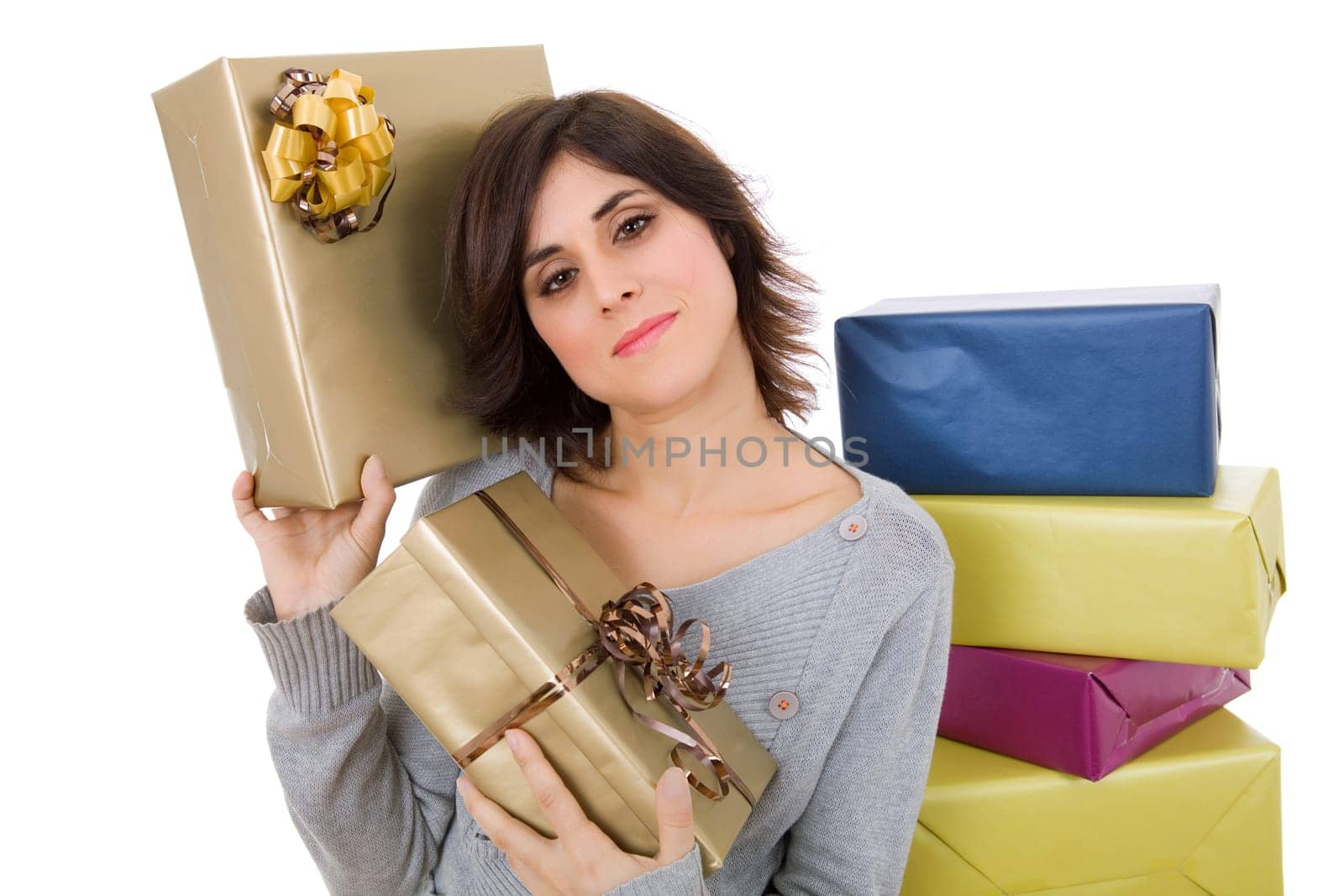 young shopaholic woman with lots of gifts, on white