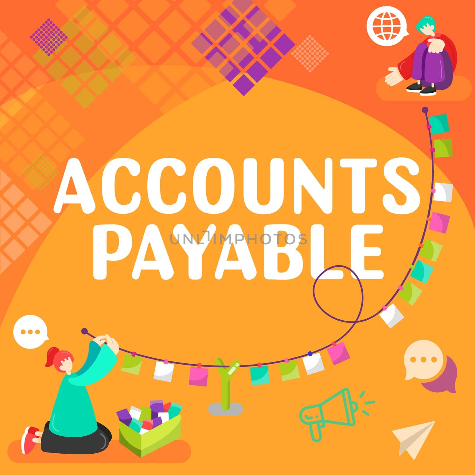 Writing displaying text Accounts Payable, Concept meaning oversee and control the various advertising activities Sitting Woman Talking And Putting Important Notes On String.