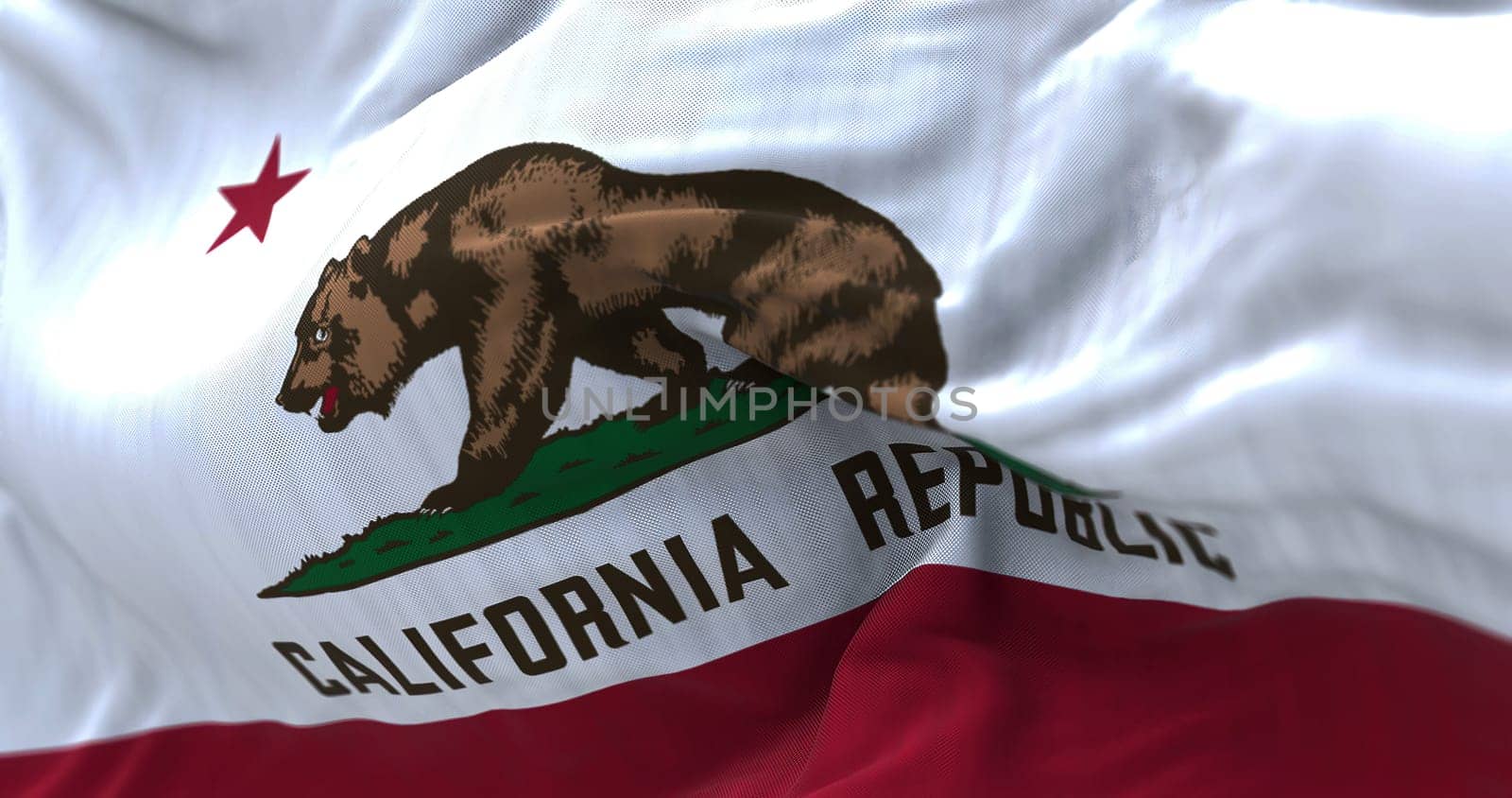 Close-up view of the California State flag waving in the wind. California is a federated state of the US located in the South West Coast. Fabric textured background. Selective focus. 3d illustration