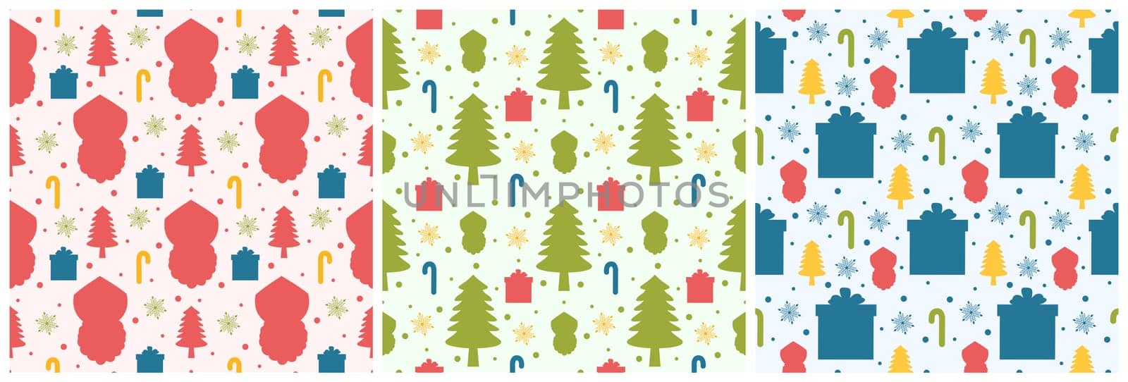Set of Saint Nicholas Day or Sinterklaas Seamless Pattern with Gift Box and Winter Template Background Hand Drawn Cartoon Flat Illustration
